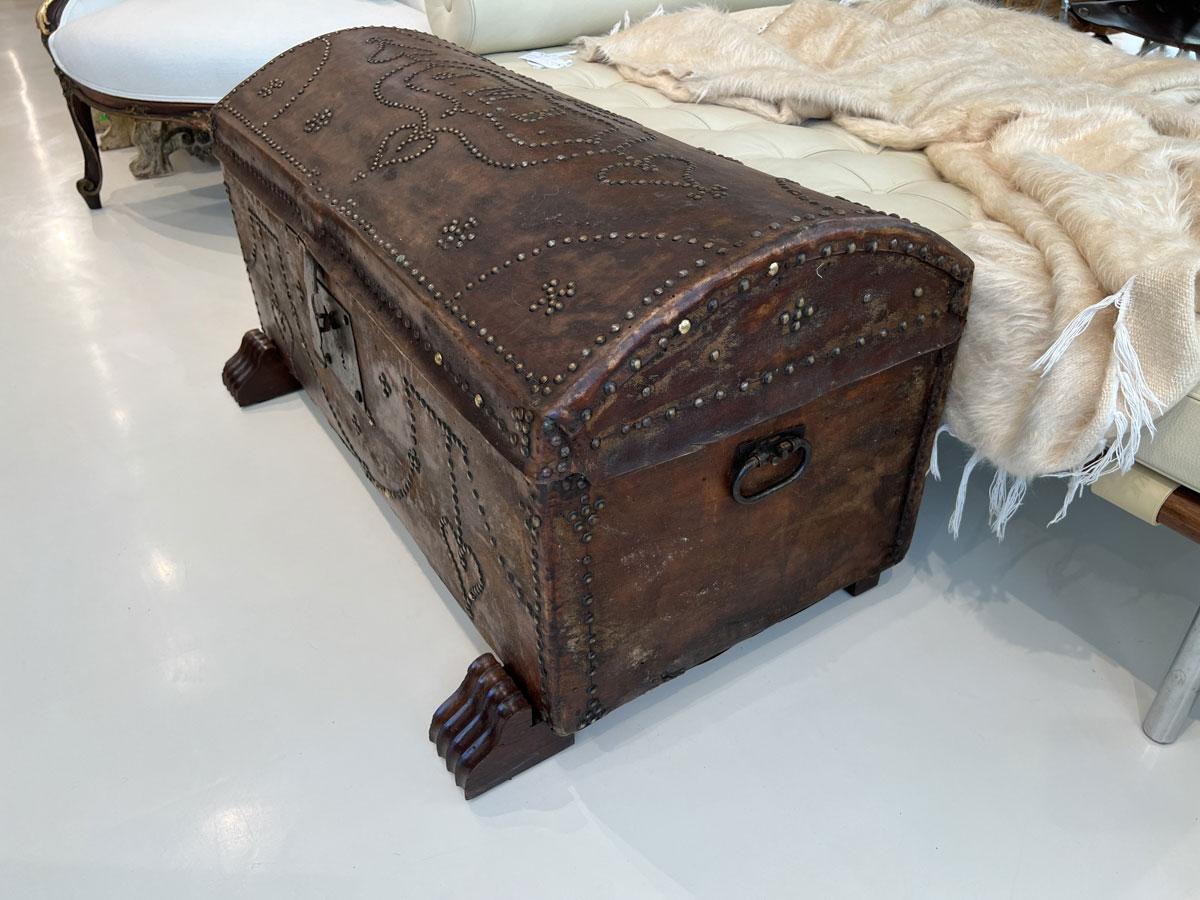 Rustic 19c Leather Trunk on Stand, JMB Monogram