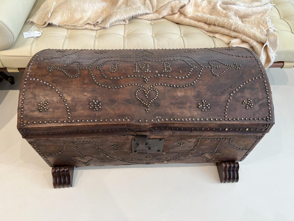 19c Leather Trunk on Stand, JMB Monogram In Fair Condition For Sale In New Orleans, LA