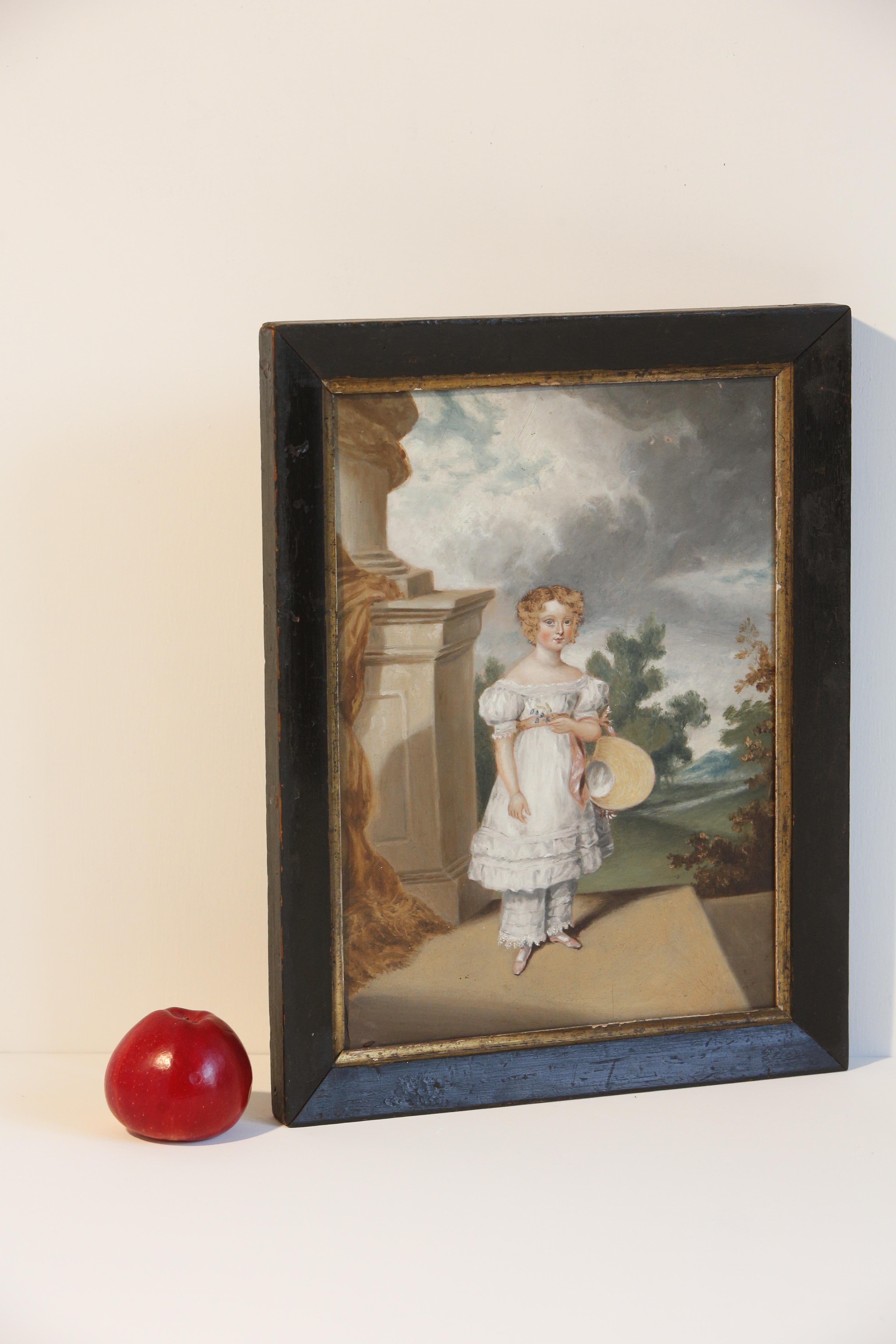 Peinture à l'huile naïve d'une jeune fille dans une scène architecturale du 19e siècle en vente 3