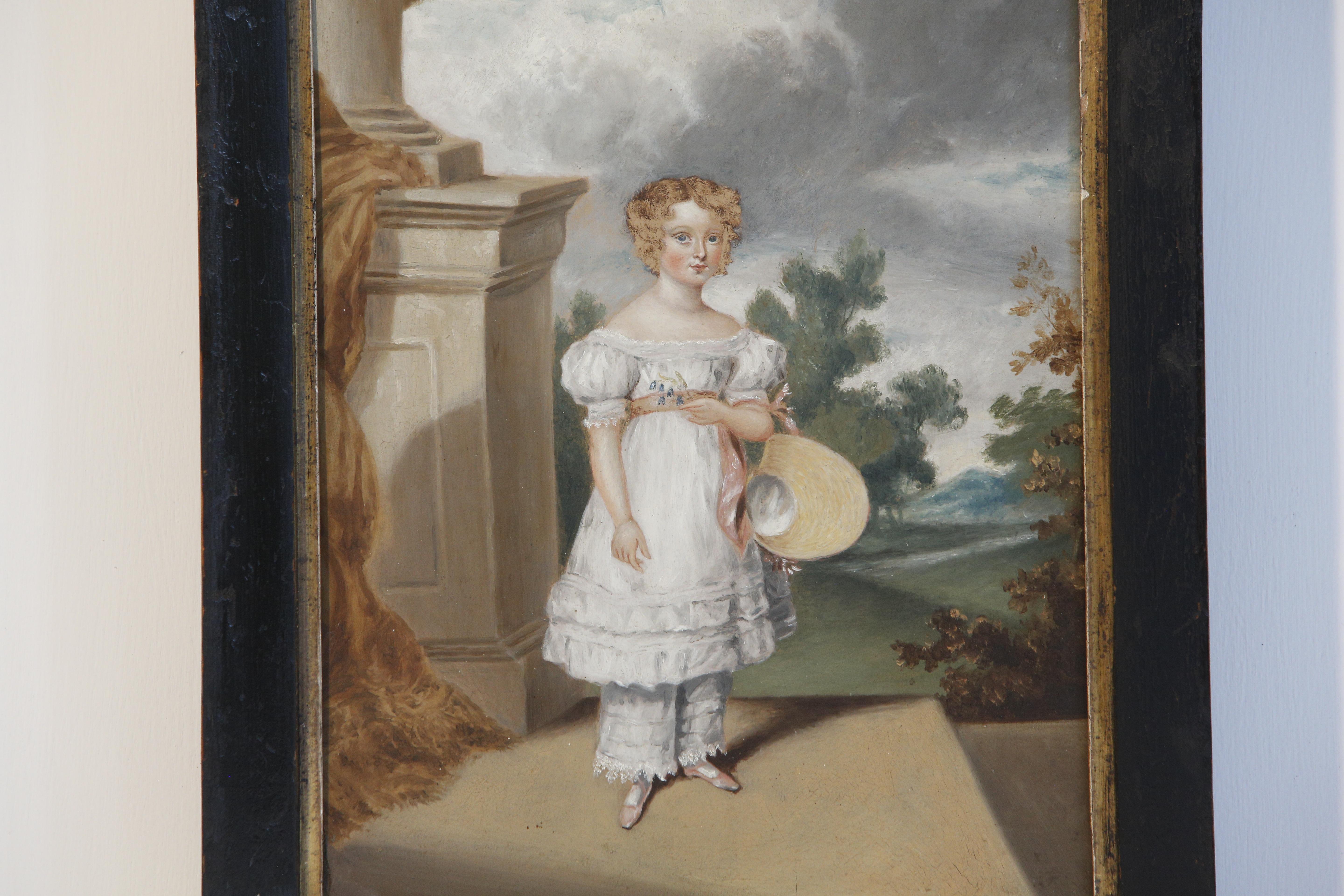 Regency Peinture à l'huile naïve d'une jeune fille dans une scène architecturale du 19e siècle en vente