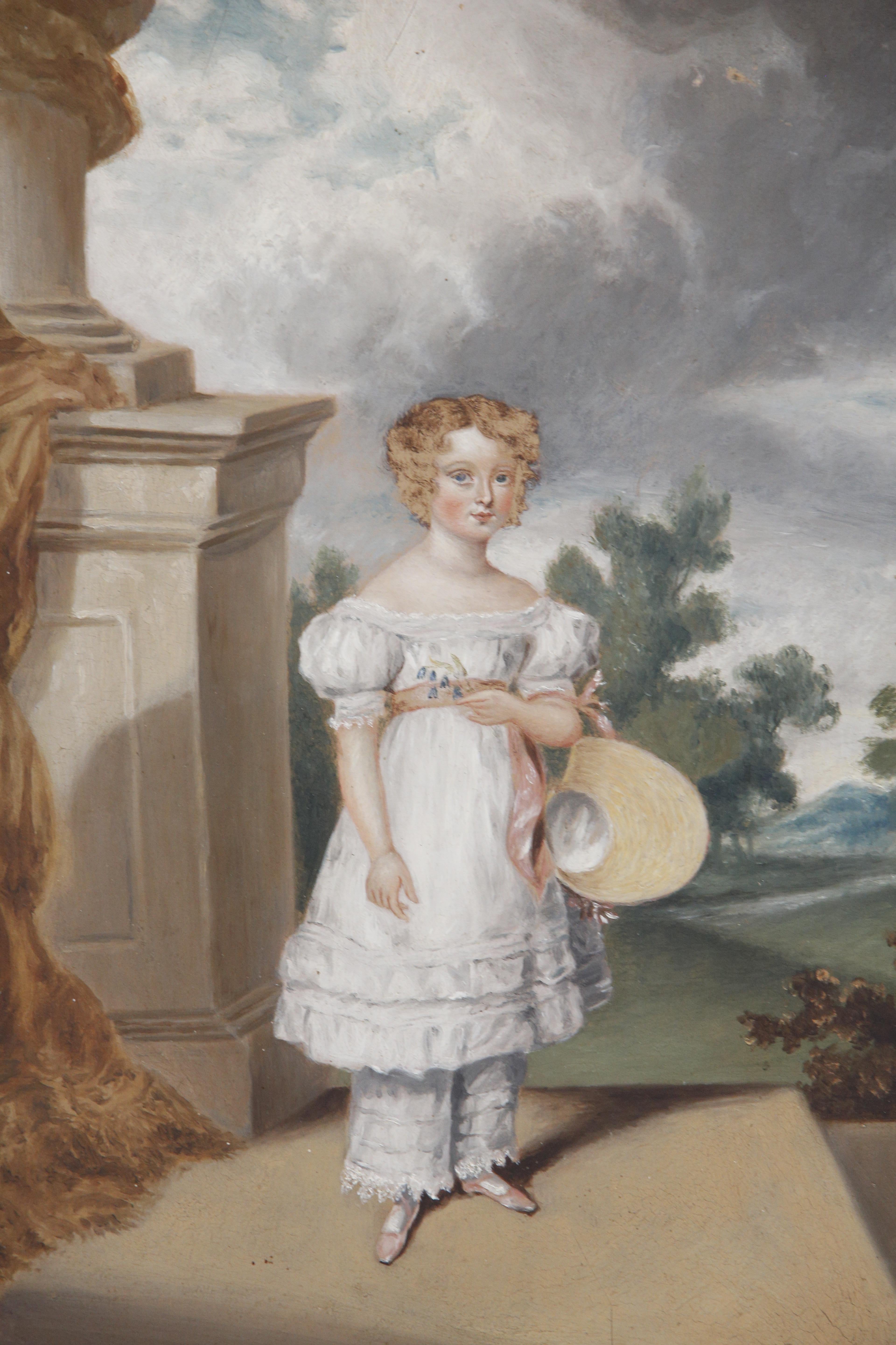 Britannique Peinture à l'huile naïve d'une jeune fille dans une scène architecturale du 19e siècle en vente