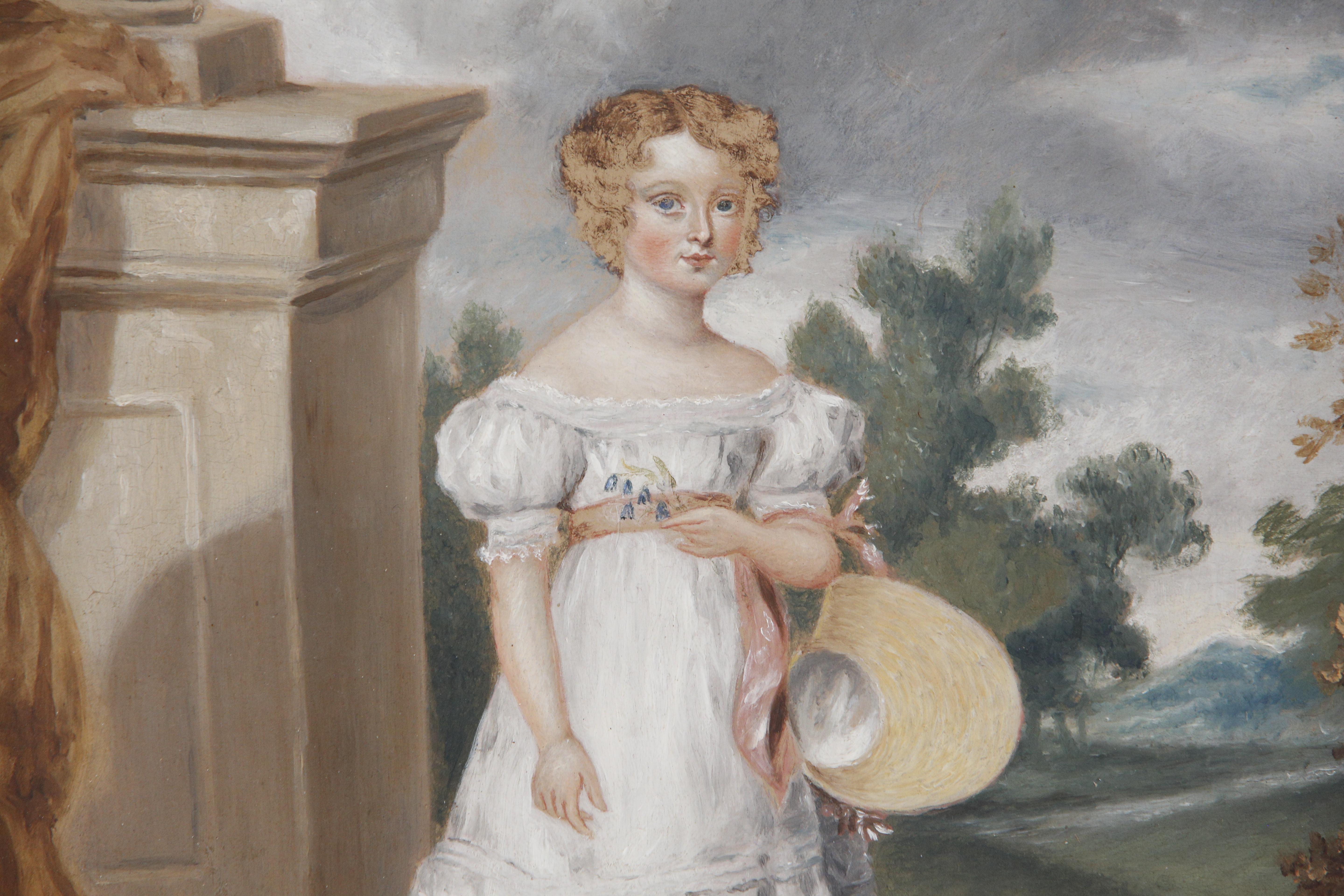 Brossé Peinture à l'huile naïve d'une jeune fille dans une scène architecturale du 19e siècle en vente