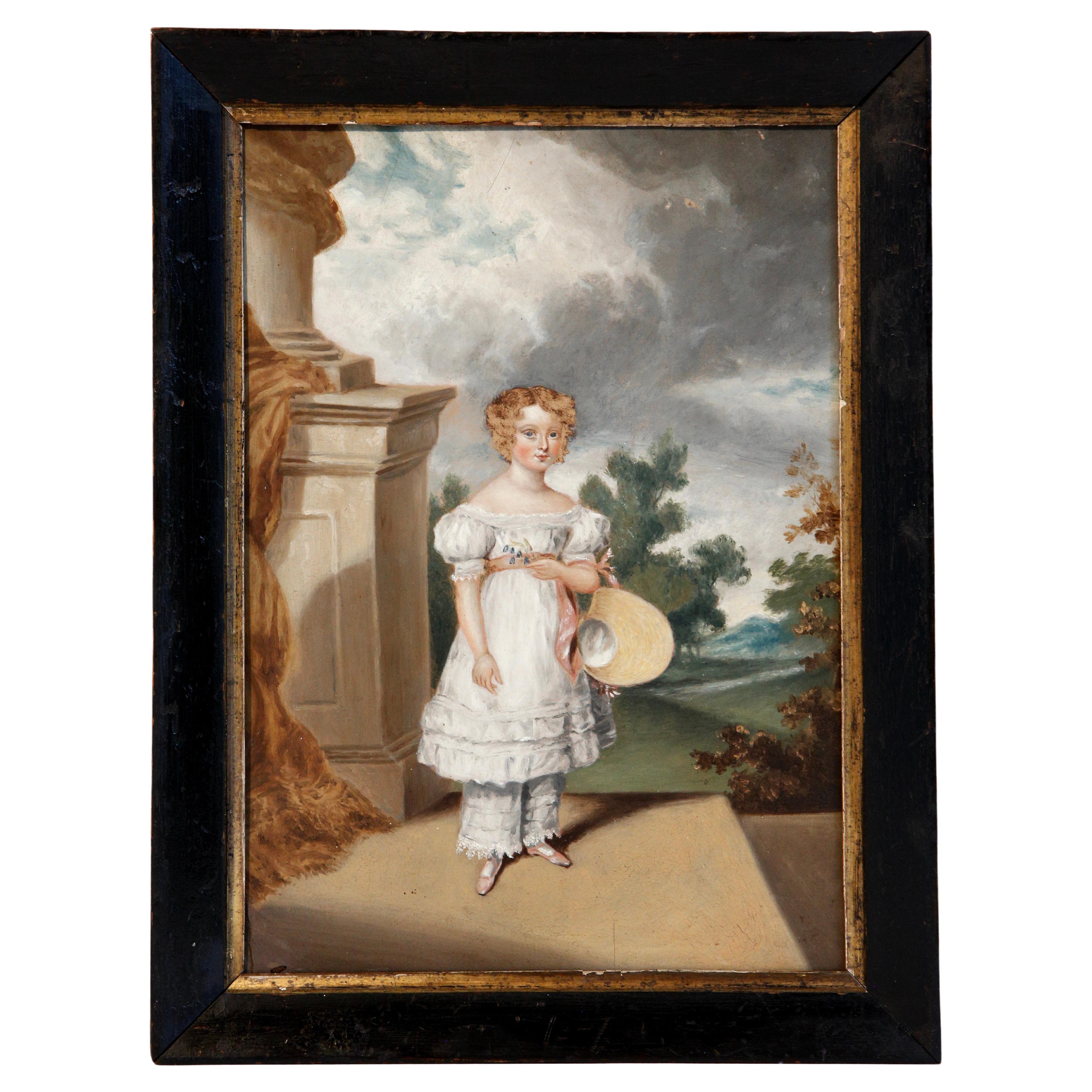 Peinture à l'huile naïve d'une jeune fille dans une scène architecturale du 19e siècle