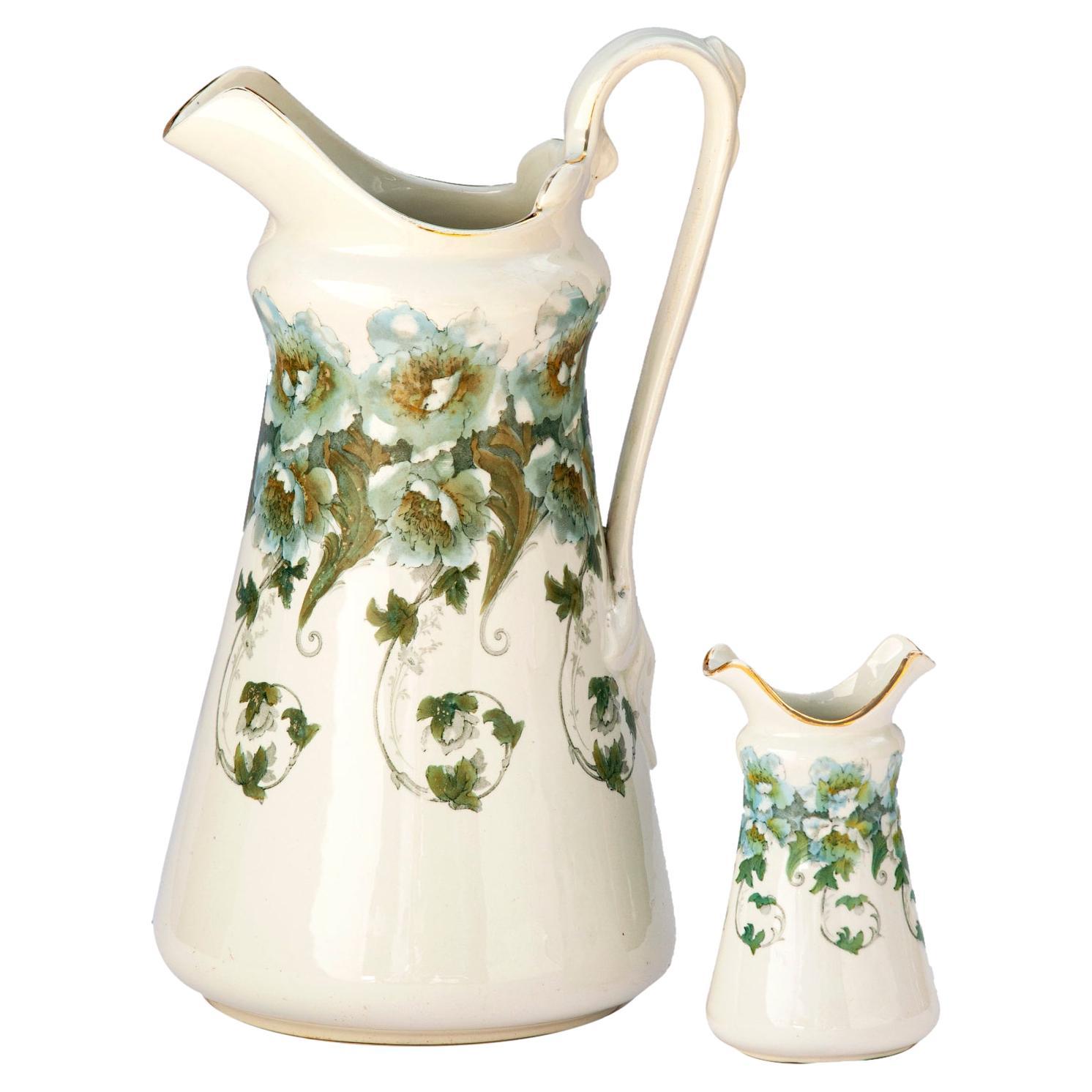 19C Normandy Art Noveau Ironstone, Semi Porcelain Pitcher Set For Sale