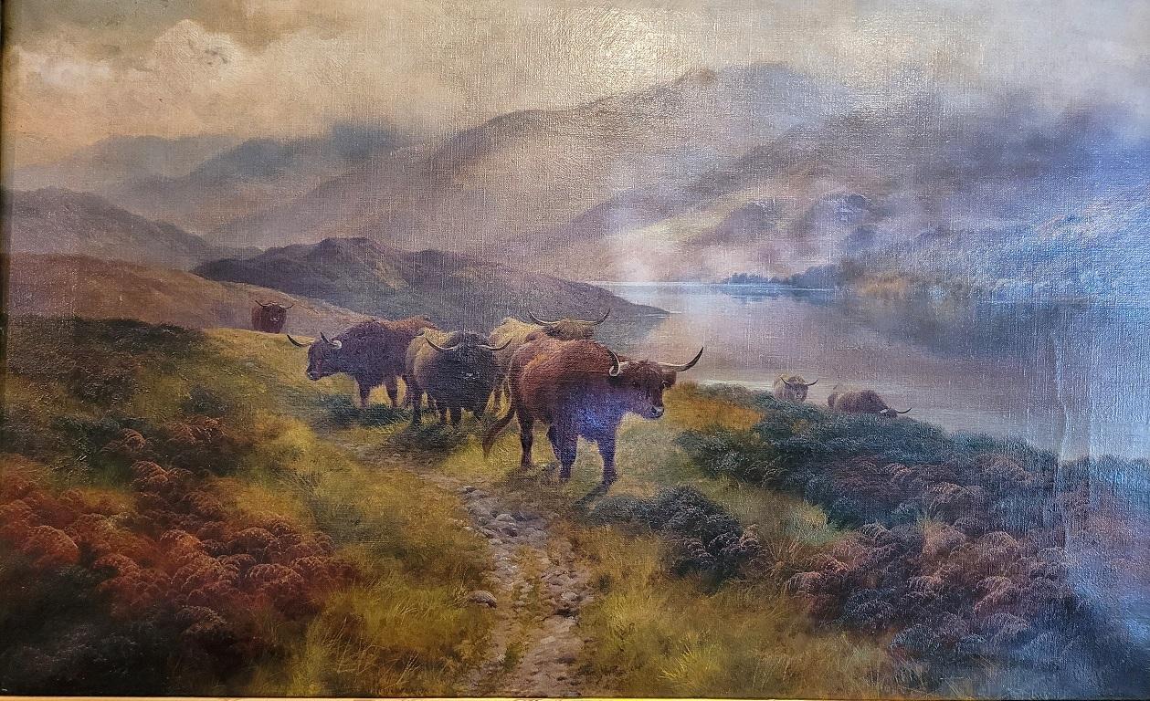 Hand-Crafted 19C Oil on Canvas of Highland Rovers at Loch Earn by HR Hall For Sale