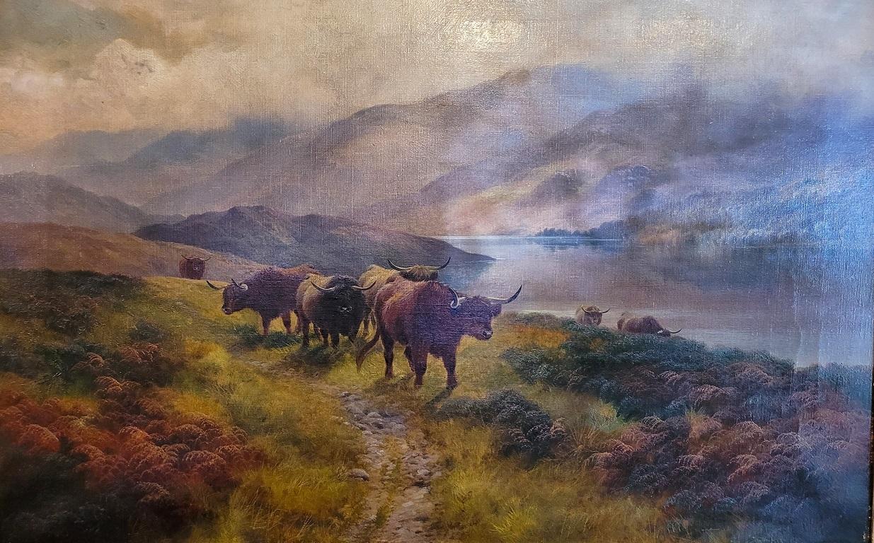 Huile sur toile du 19e siècle représentant les Highland Rovers au Loch Earn par HR Hall Bon état - En vente à Dallas, TX