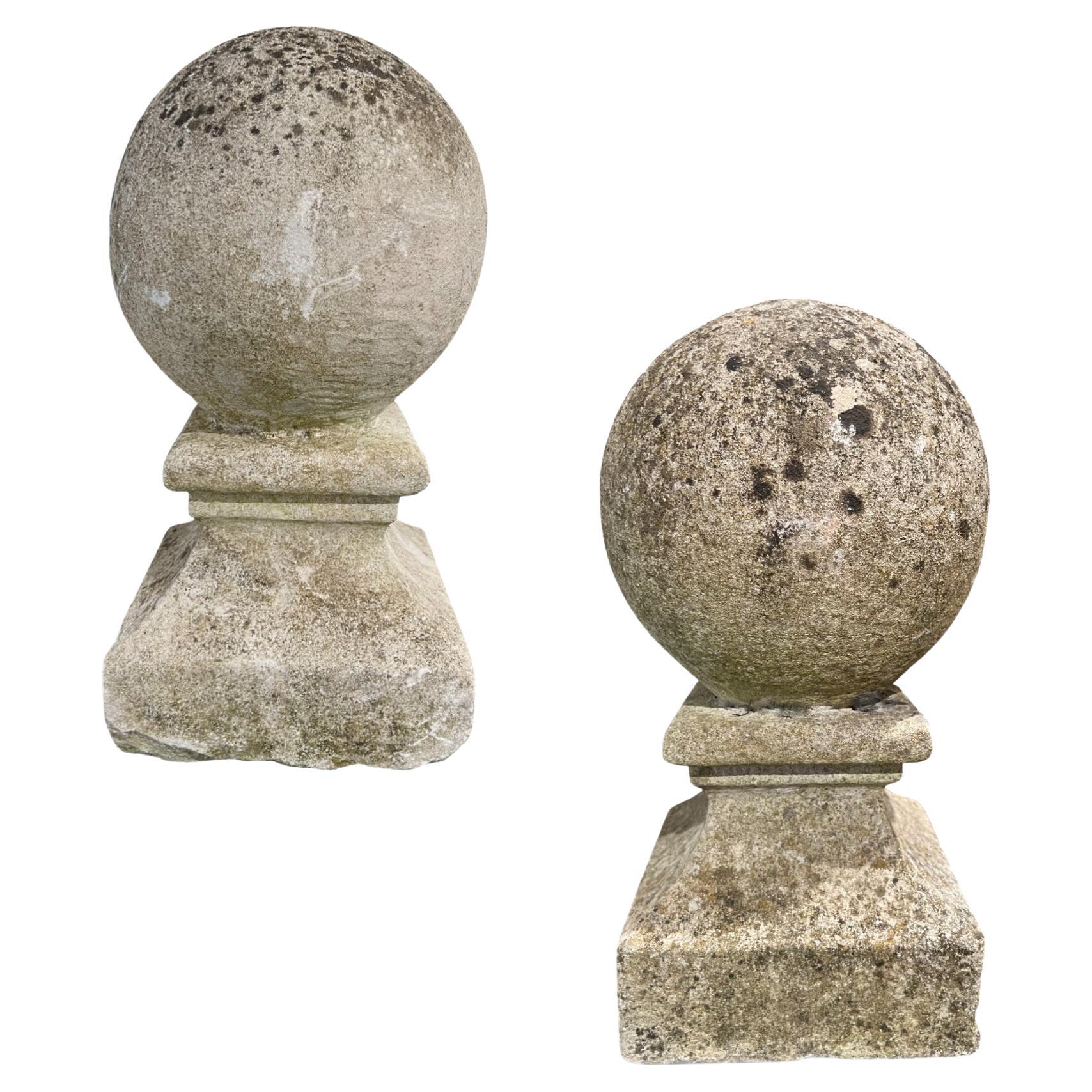 19c Pair French Antique Stone Ball Finials