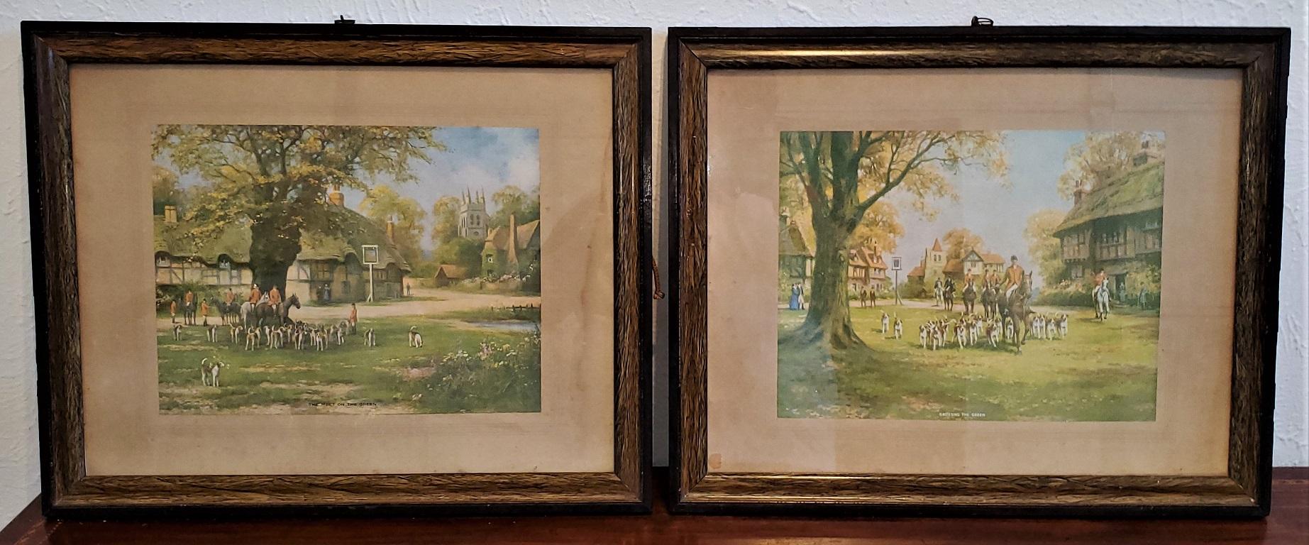 English Pair of British Hunt Prints of The Meet on the Green and Crossing the Green
