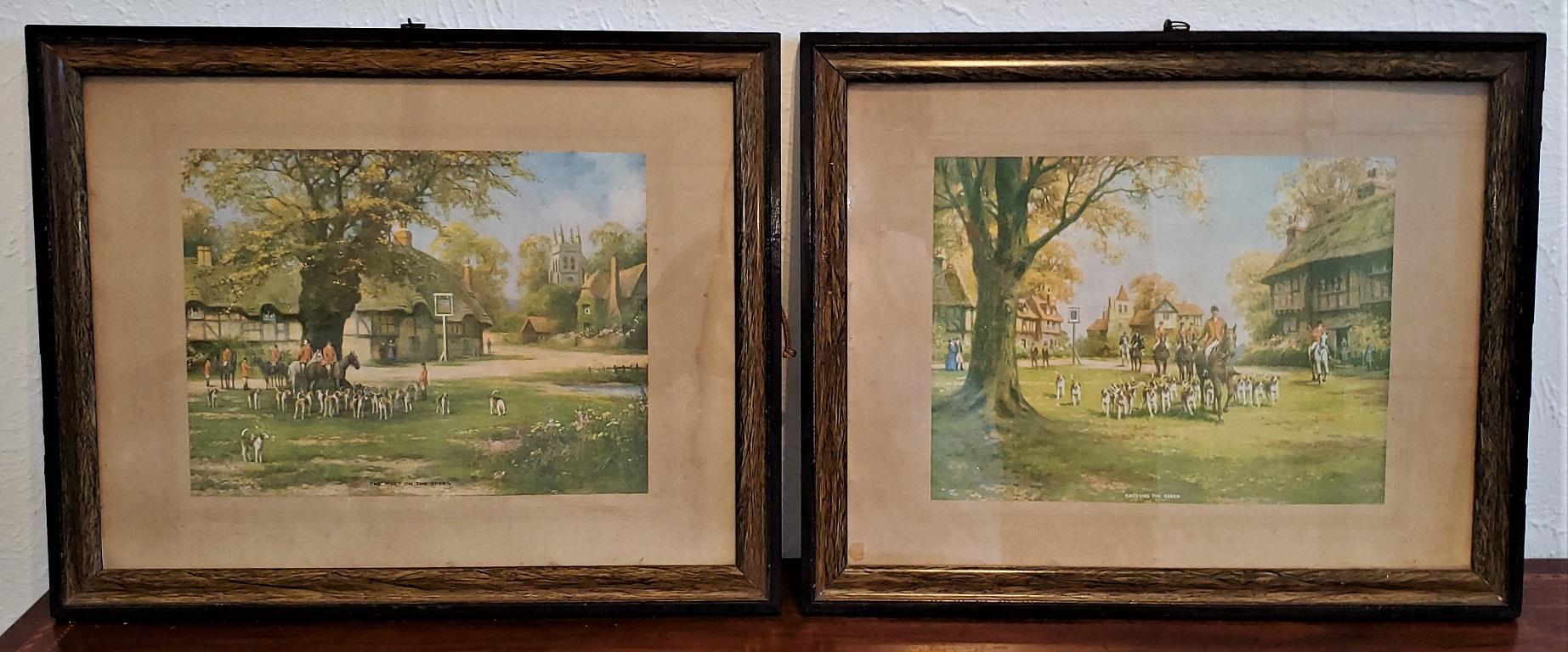 English Pair of British Hunt Prints of The Meet on the Green and Crossing the Green For Sale