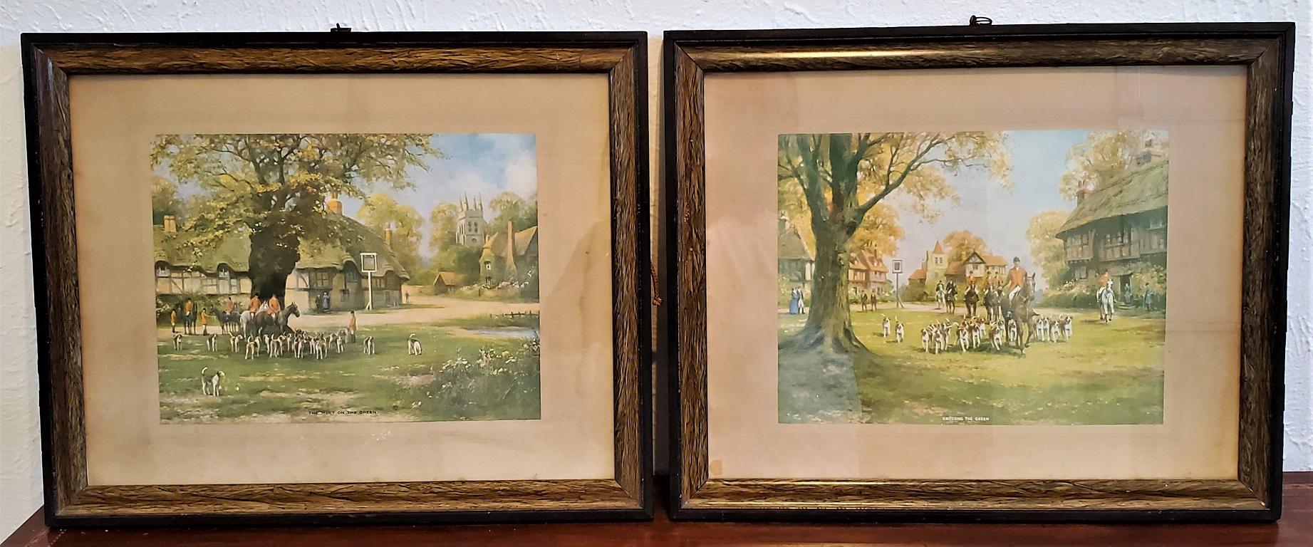 Engraved Pair of British Hunt Prints of The Meet on the Green and Crossing the Green For Sale