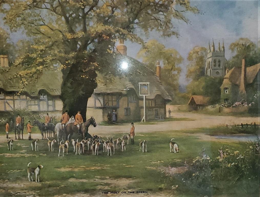 Pair of British Hunt Prints of The Meet on the Green and Crossing the Green In Fair Condition For Sale In Dallas, TX