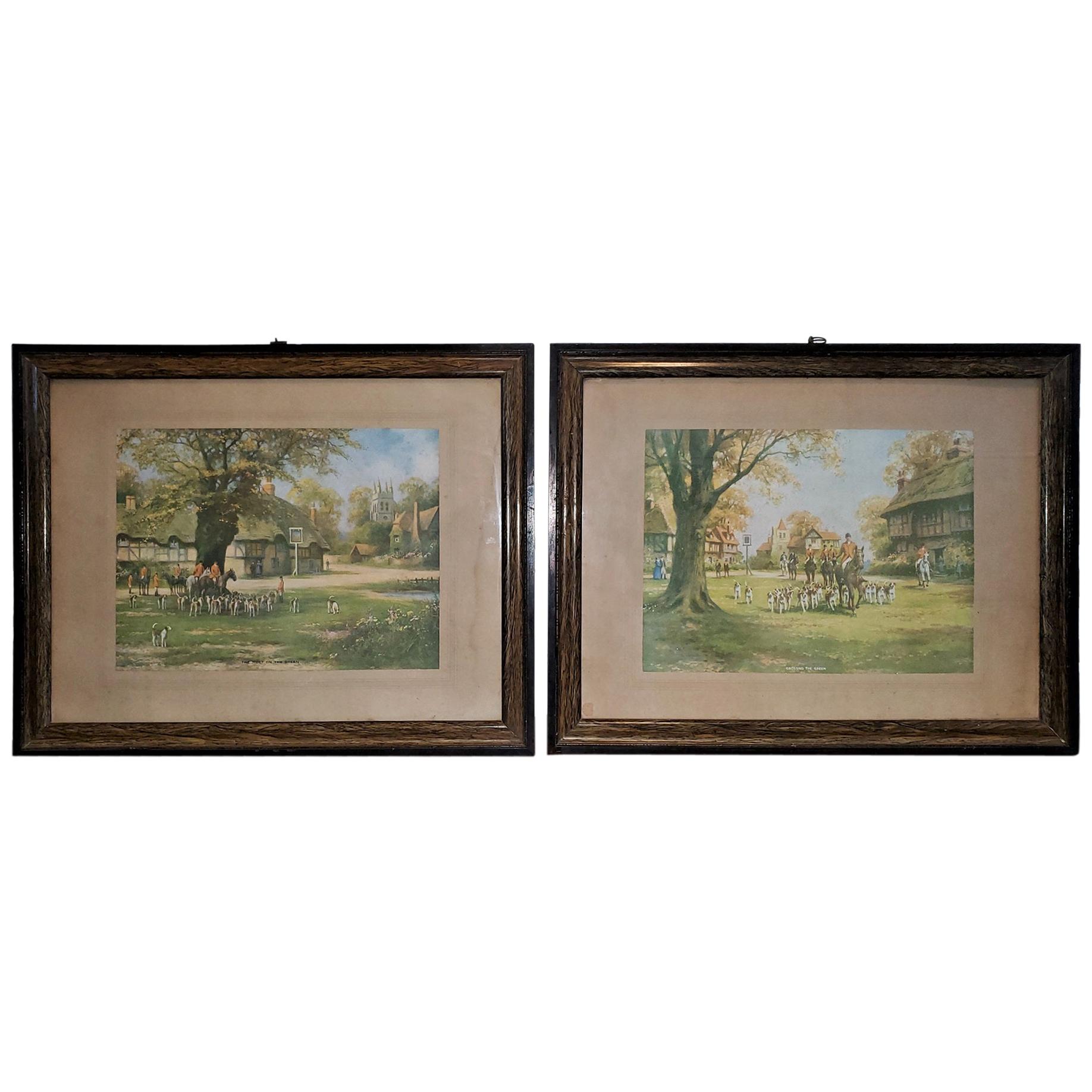 Pair of British Hunt Prints of The Meet on the Green and Crossing the Green For Sale