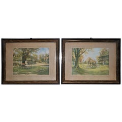 Antique Pair of British Hunt Prints of The Meet on the Green and Crossing the Green