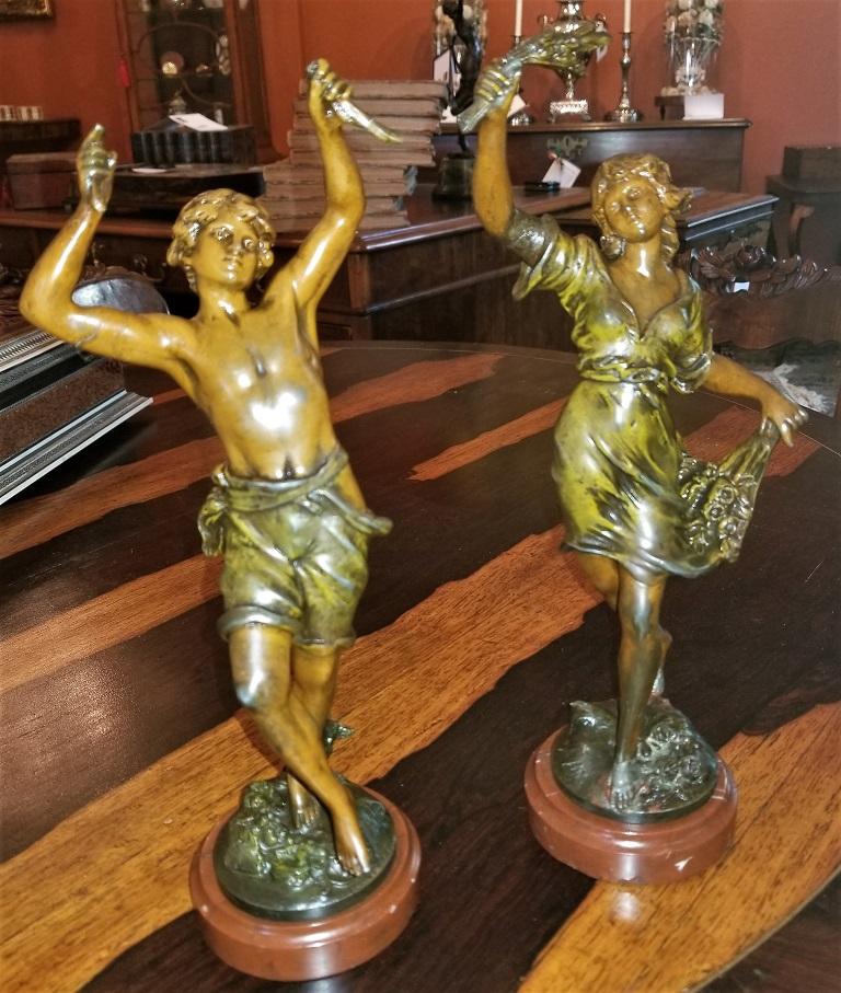 Belle Époque 19C Pair of Bronzed Spelter Sculptures After Auguste Moreau