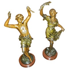 Antique 19C Pair of Bronzed Spelter Sculptures After Auguste Moreau