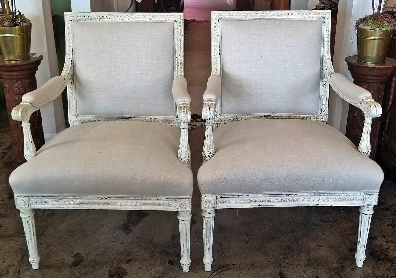 Hand-Painted 19th Century Pair of French Louis XVI Style Painted Armchairs