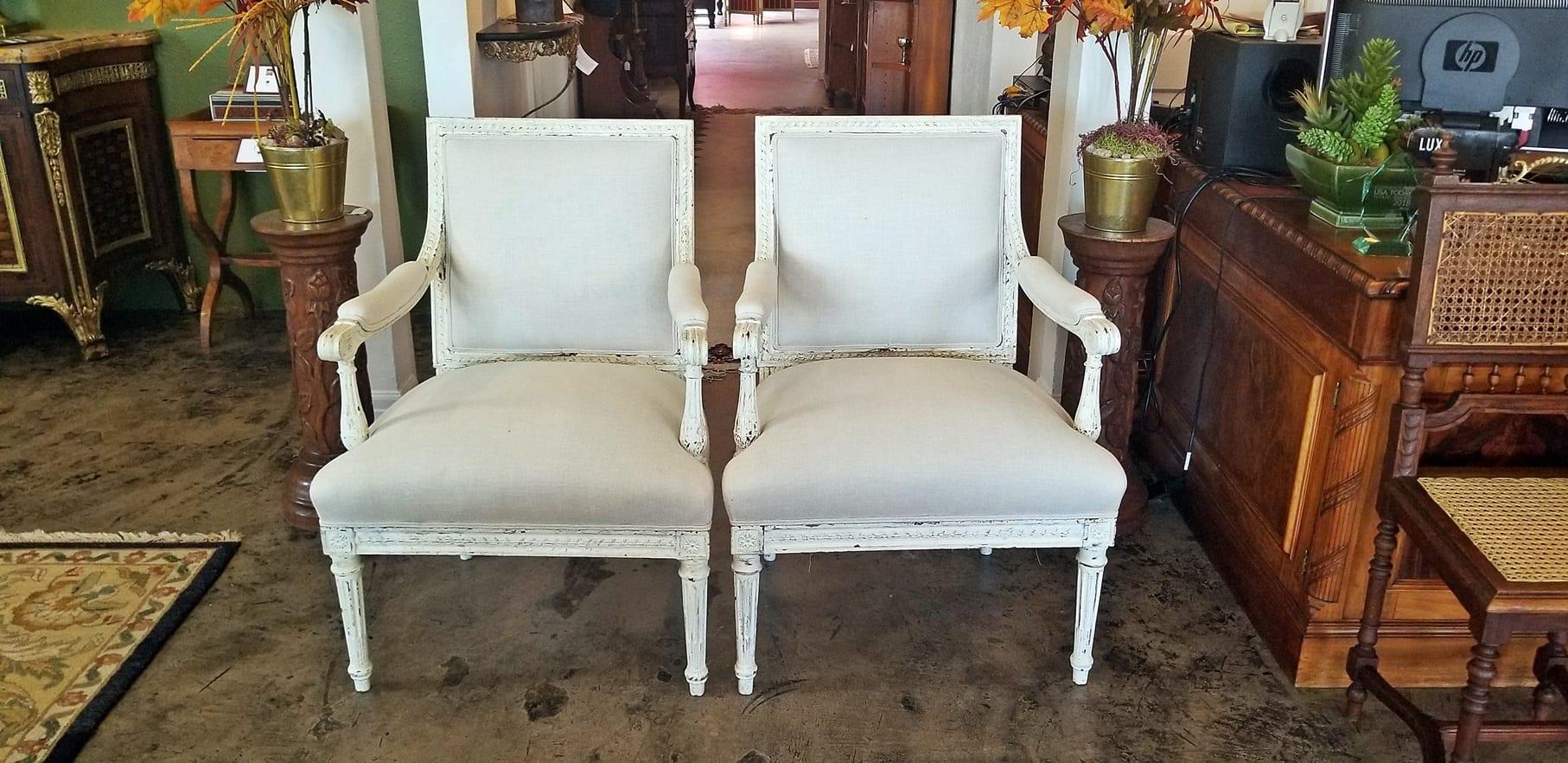 Wood 19th Century Pair of French Louis XVI Style Painted Armchairs