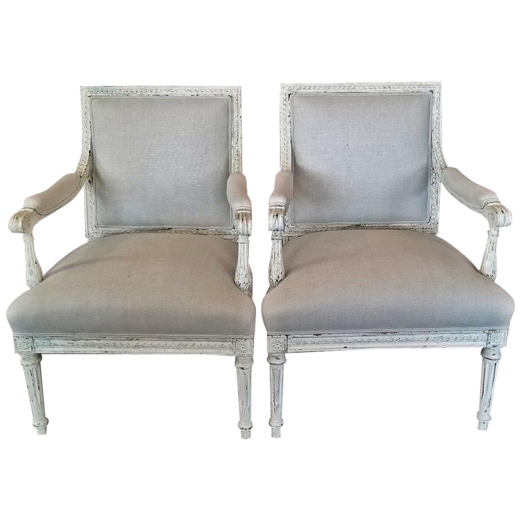 19th Century Pair of French Louis XVI Style Painted Armchairs