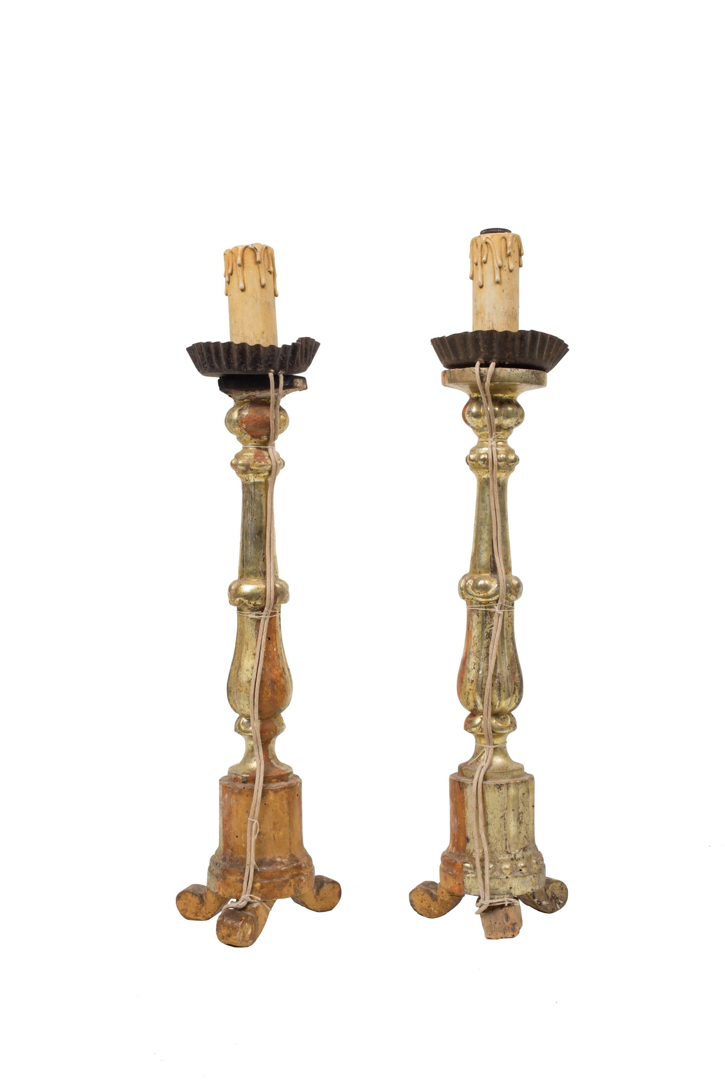 Italian Gold Gilt Candlesticks, Pair, 19th Century. In Fair Condition In New Orleans, LA