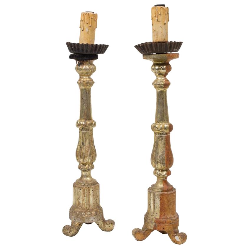 Italian Gold Gilt Candlesticks, Pair, 19th Century.