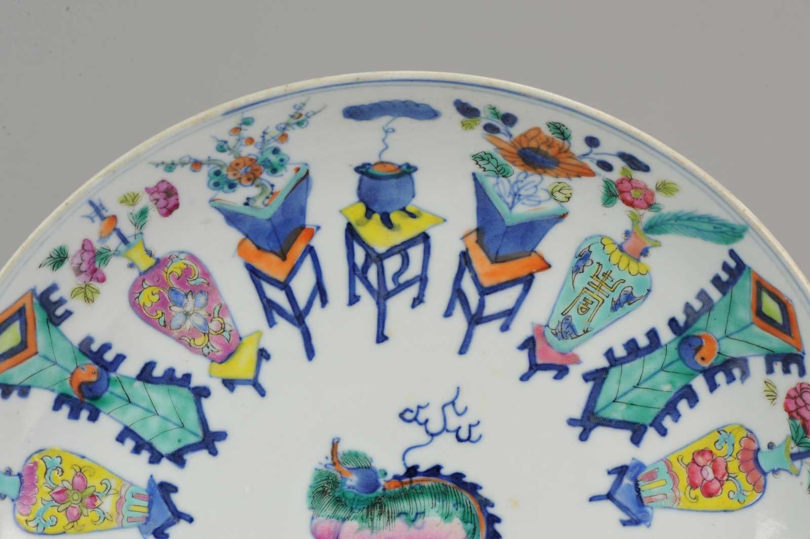 19th Century Polychrome Plate Chinese Porcelain Foo Dog Flower Baskets Kangxi Mar
