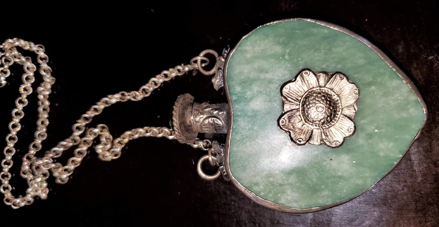 19th Century Qing Tibetan Jadeite Silver and Jade Perfume Pendant 6