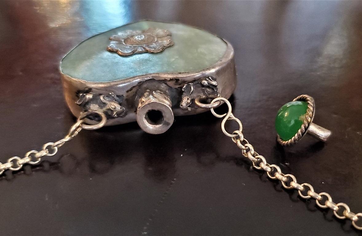 19th Century Qing Tibetan Jadeite Silver and Jade Perfume Pendant 3