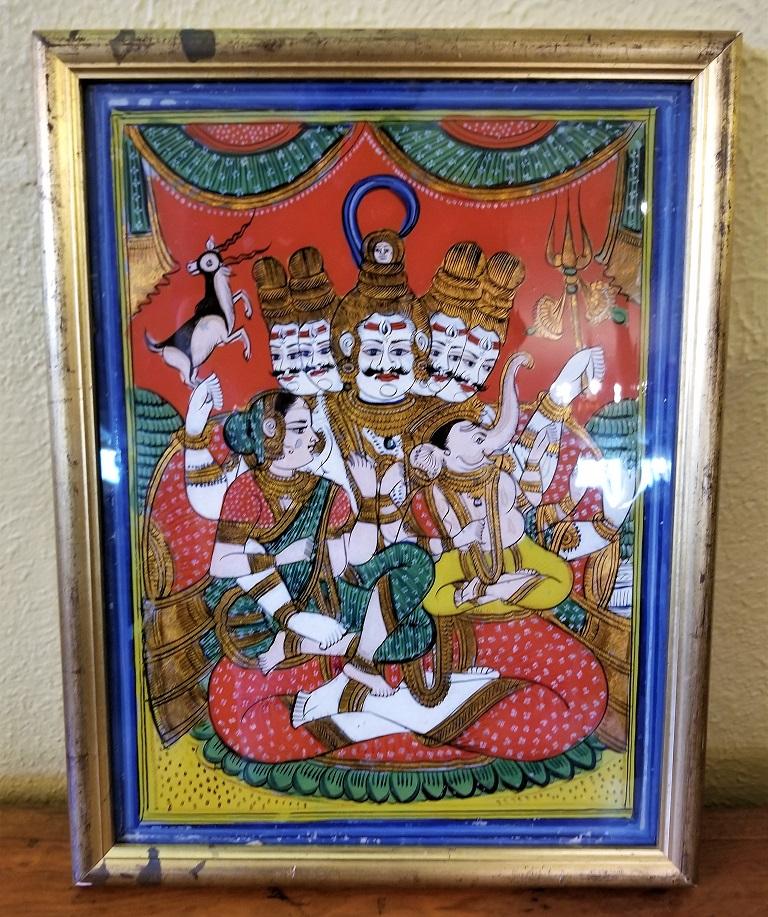Anglo-indien Peinture sur verre inversée de Shiva, Parvati et Ganesh de la collection Pal en vente
