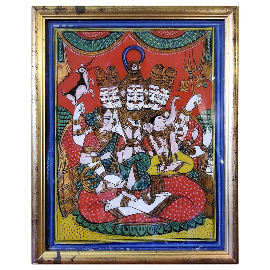 Peinture sur verre inversée de Shiva, Parvati et Ganesh de la collection Pal en vente