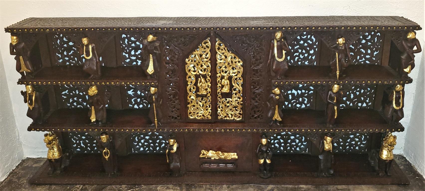 Folk Art 19th Century SE Asian Highly Carved Wooden and Gilded Floor/Wall Cabinet For Sale