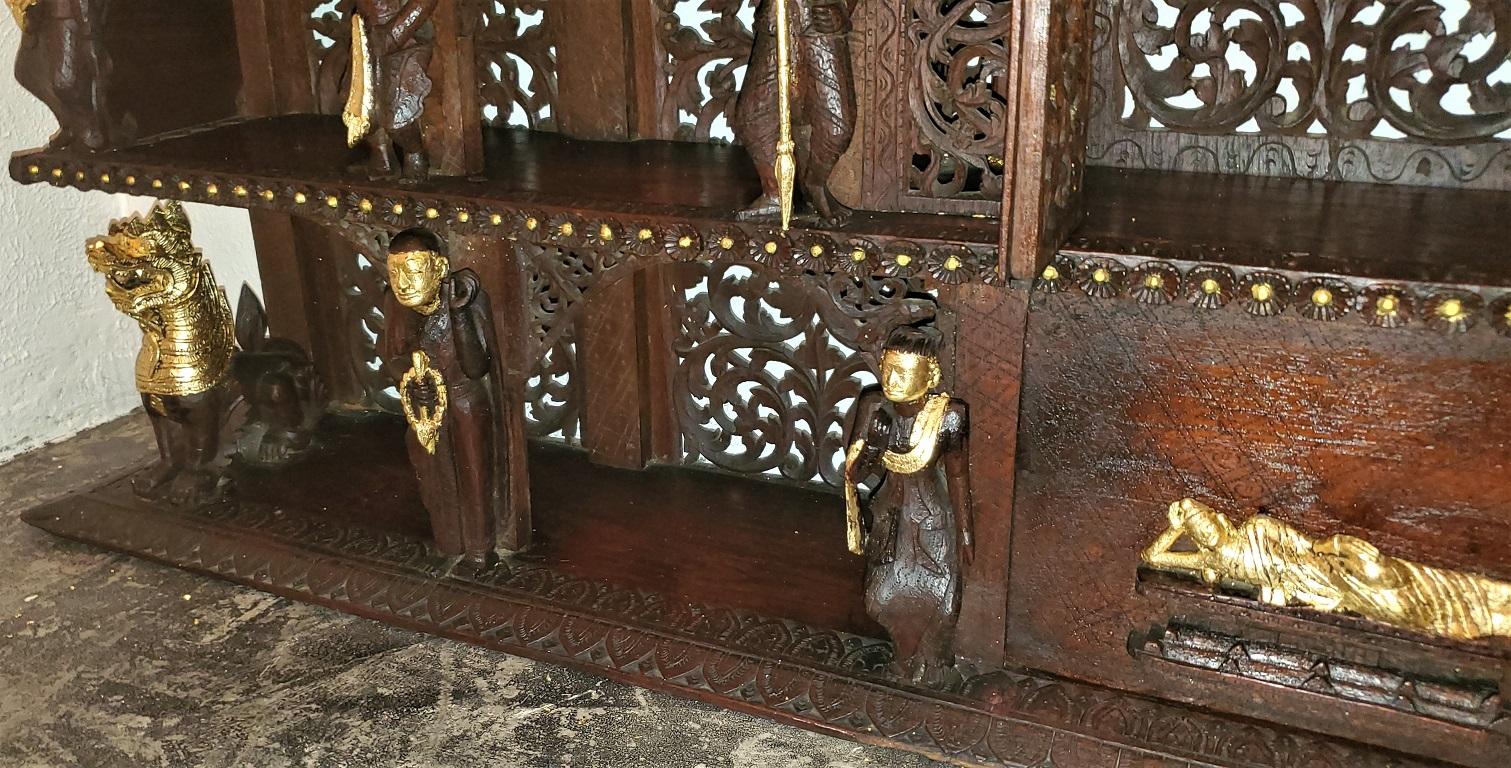 Cambodian 19th Century SE Asian Highly Carved Wooden and Gilded Floor/Wall Cabinet For Sale