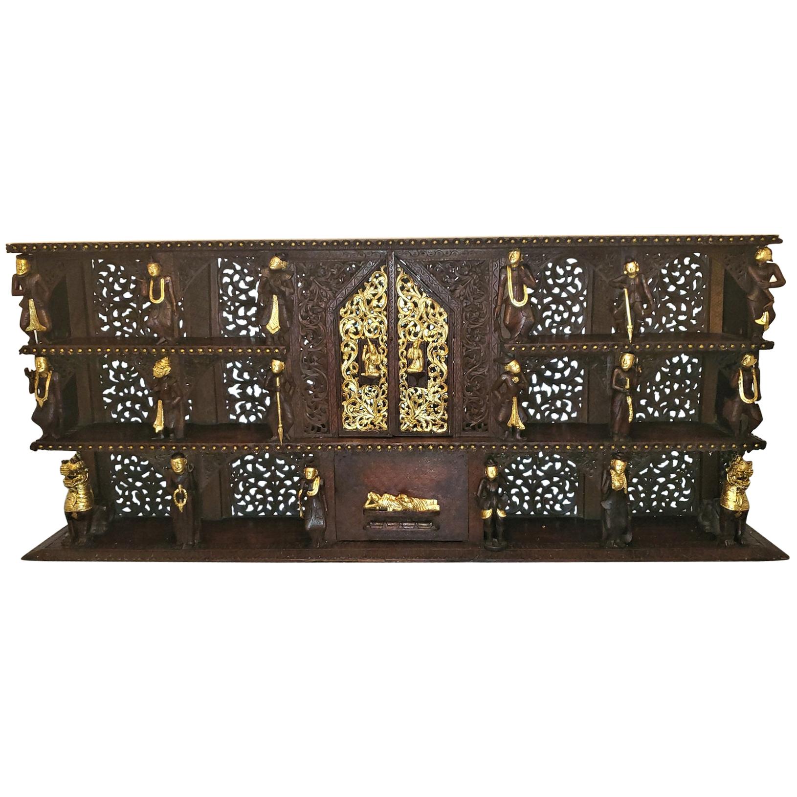 19th Century SE Asian Highly Carved Wooden and Gilded Floor/Wall Cabinet For Sale