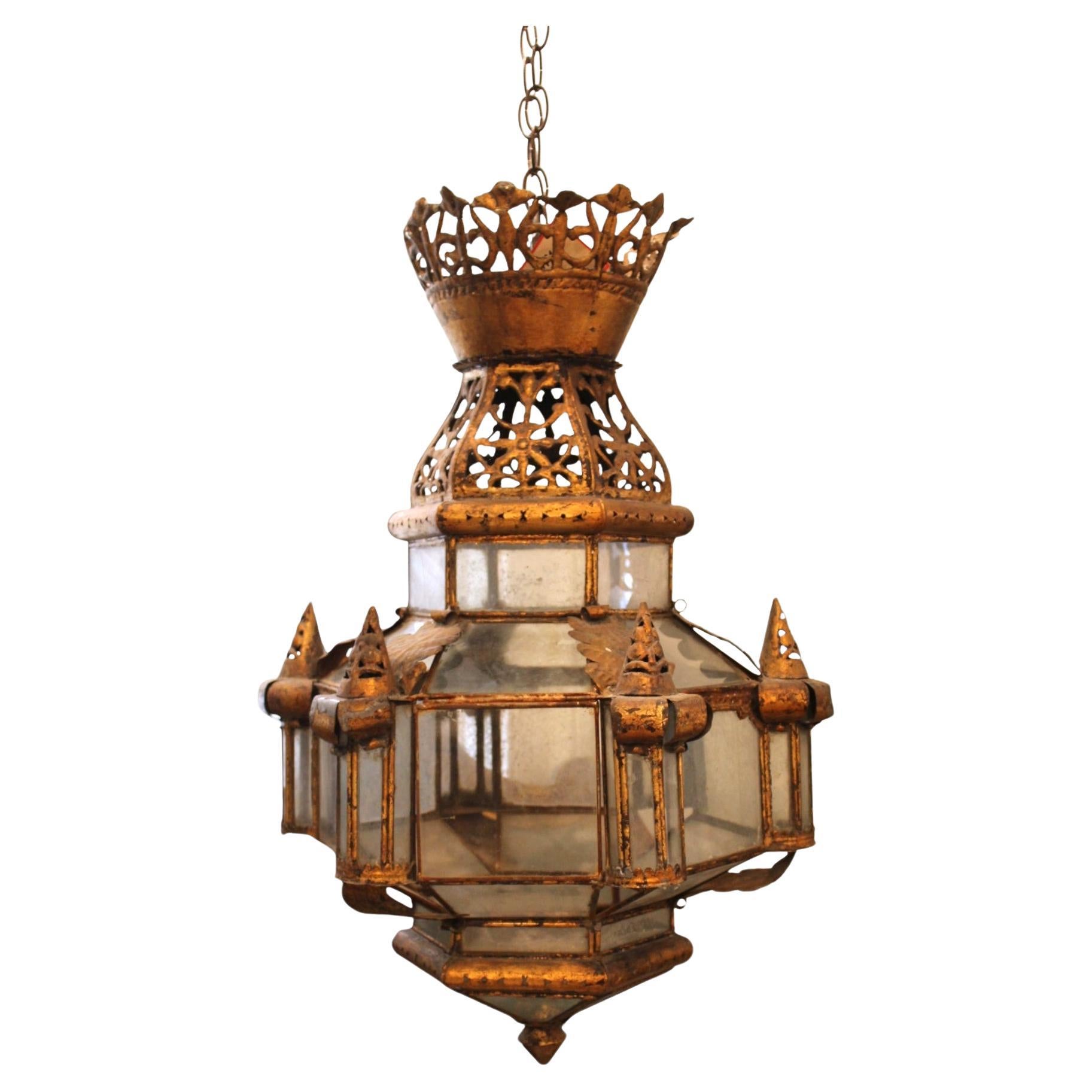 19c Spanish Antique Gilded Tole Lantern For Sale