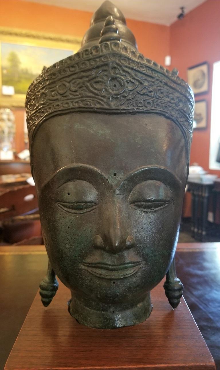 Romantic 19th Century Thai Bronze Buddha Head on Stand For Sale