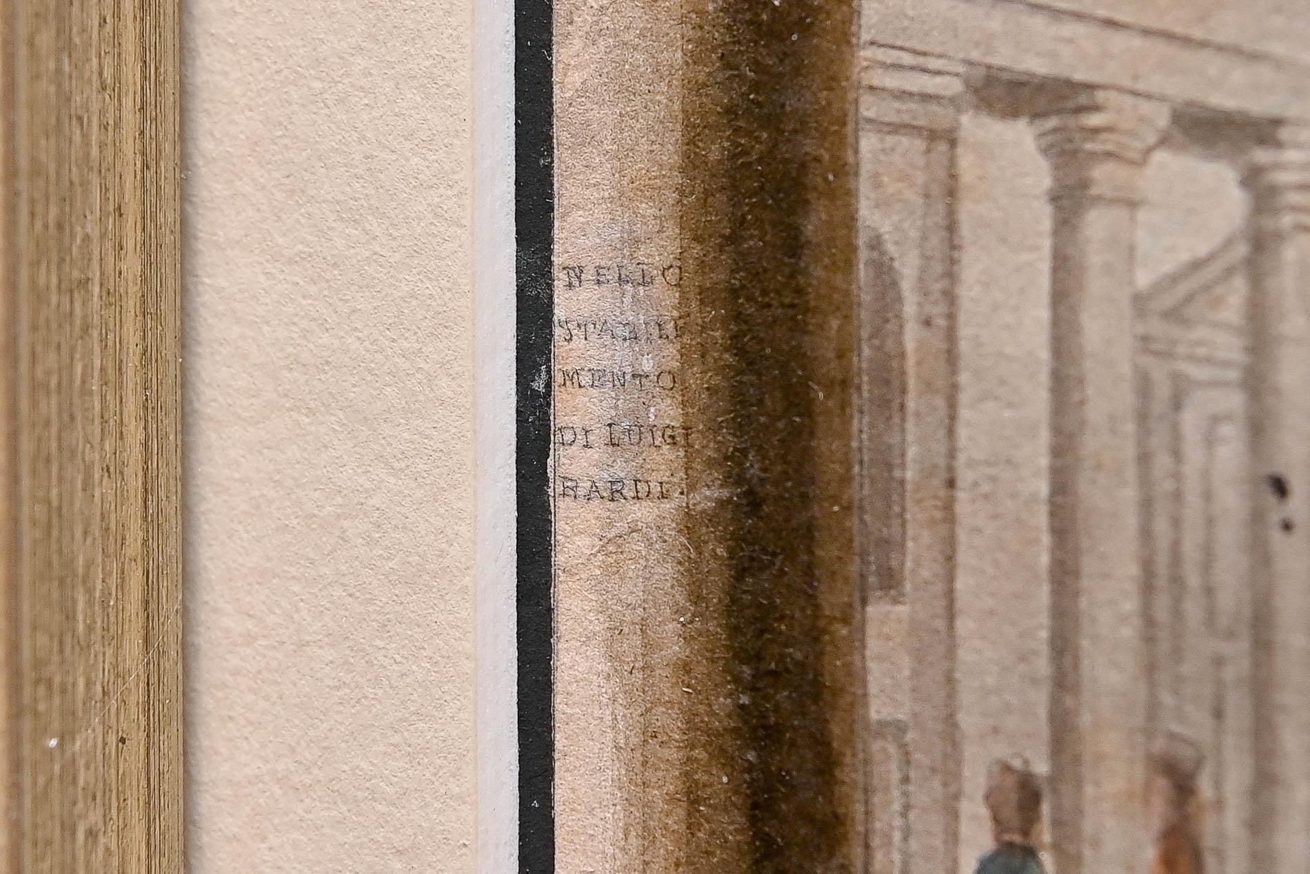 Architektonische Ansicht der Uffizien in Florenz, Aquarell auf Papier, nicht signiert.
Das feine Aquarell in zarten Braun-, Blau- und Grautönen zeigt eine lebendige Straßenszene mit Menschen, die durch den Torbogen auf die Fassade der Uffizien