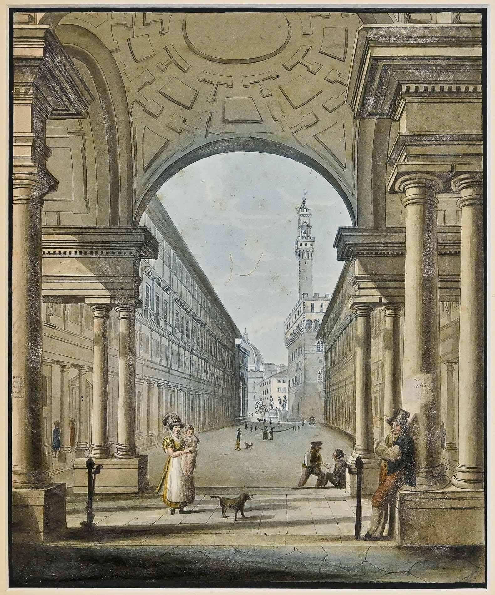Biedermeier 19th Century, Aquarell, Florence, Uffizien For Sale