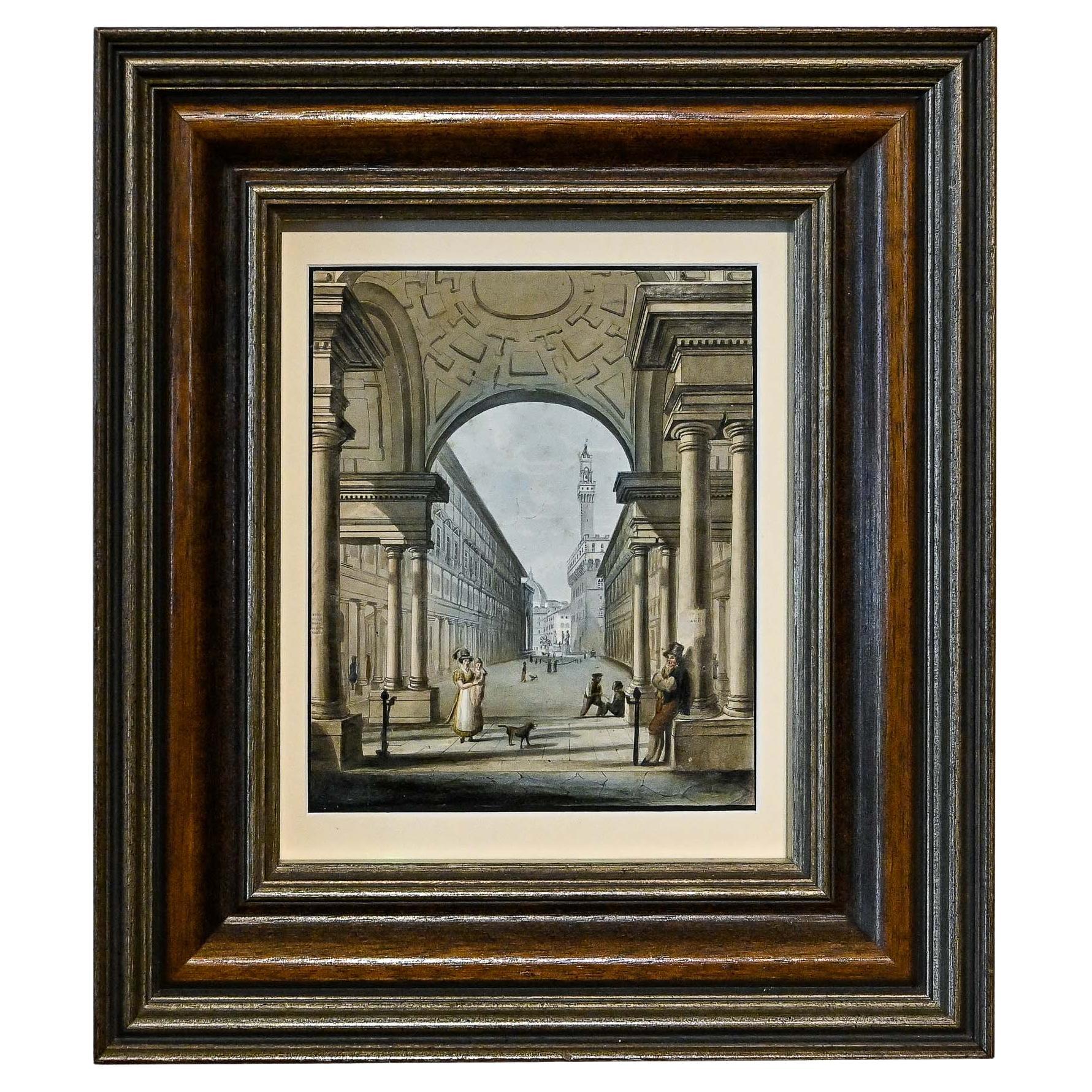 19th Century, Aquarell, Florence, Uffizien For Sale