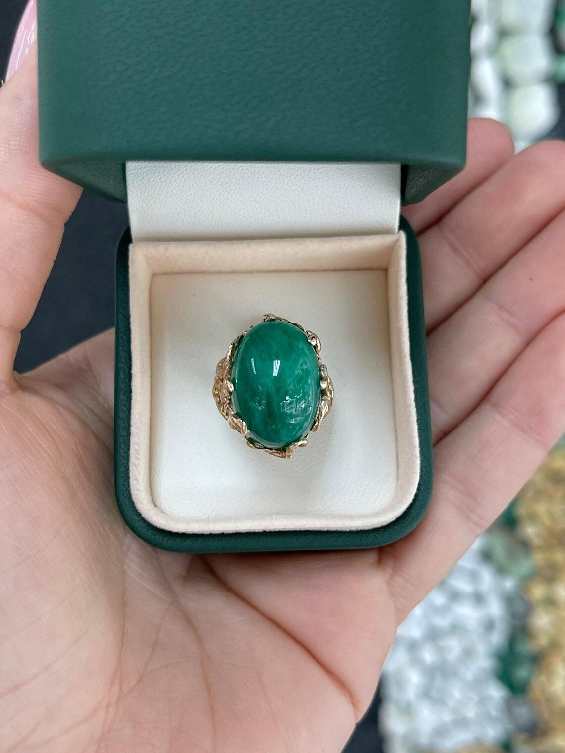 19ct 14K Dark Green Oval Cabochon Cut Colombian Emerald Solitaire Nugget Ring For Sale 1
