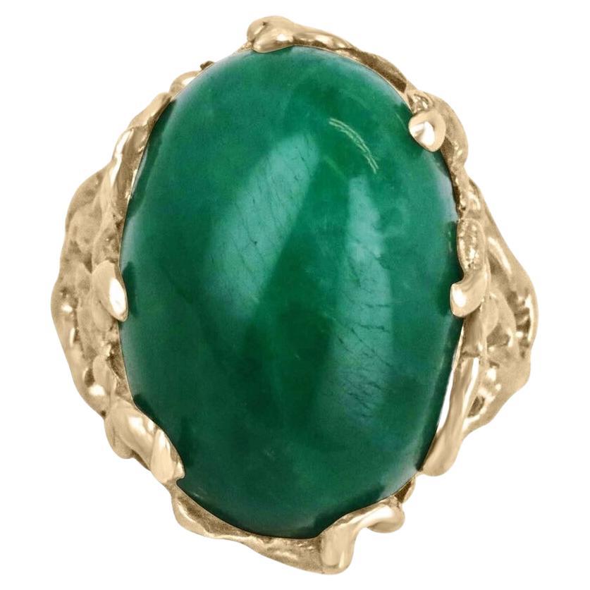 19ct 14K Dark Green Oval Cabochon Cut Colombian Emerald Solitaire Nugget Ring For Sale