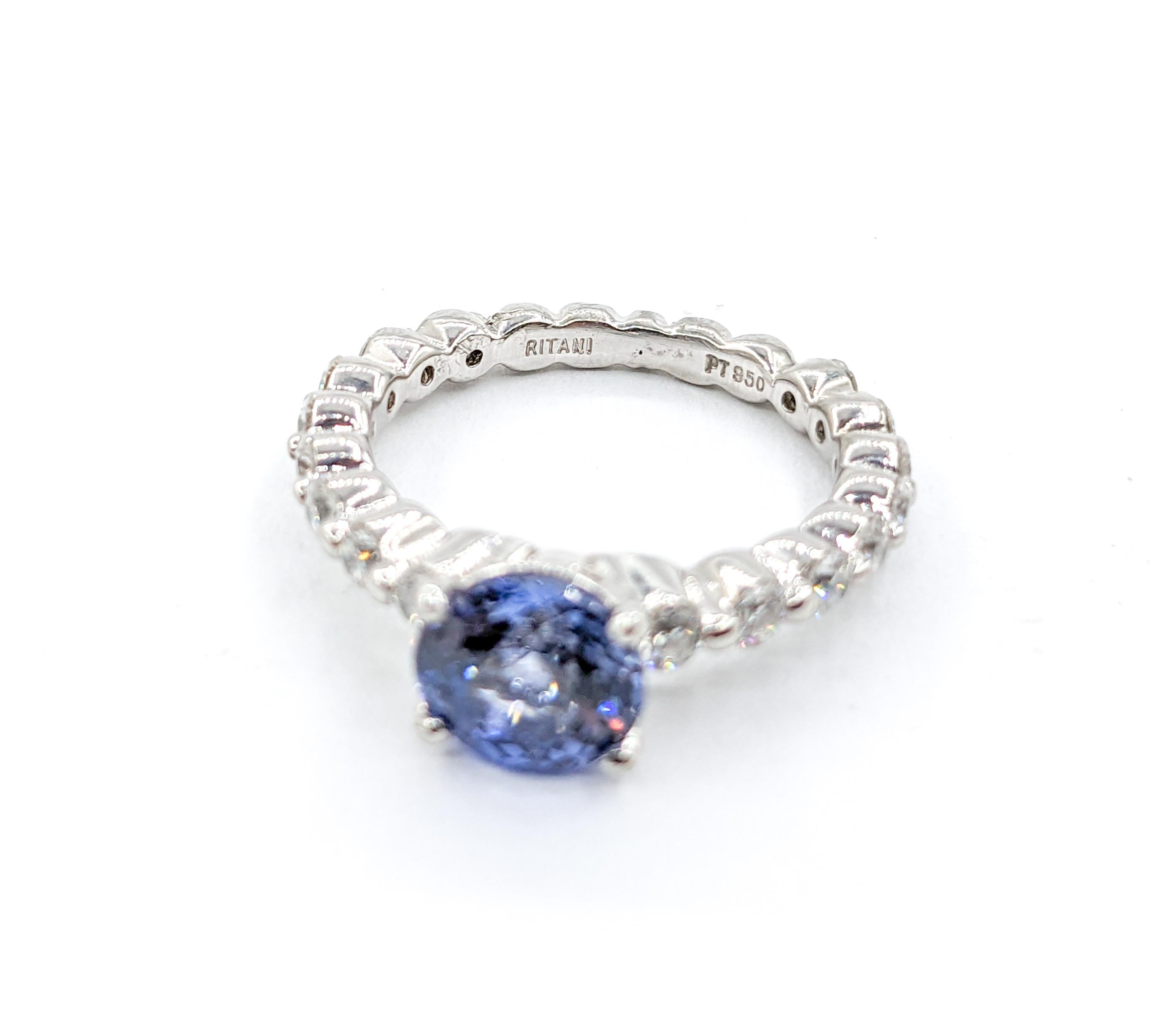 1.9ct Blue Sapphire &.50ctw Diamond Ritani Ring In Premium Platinum For Sale 2