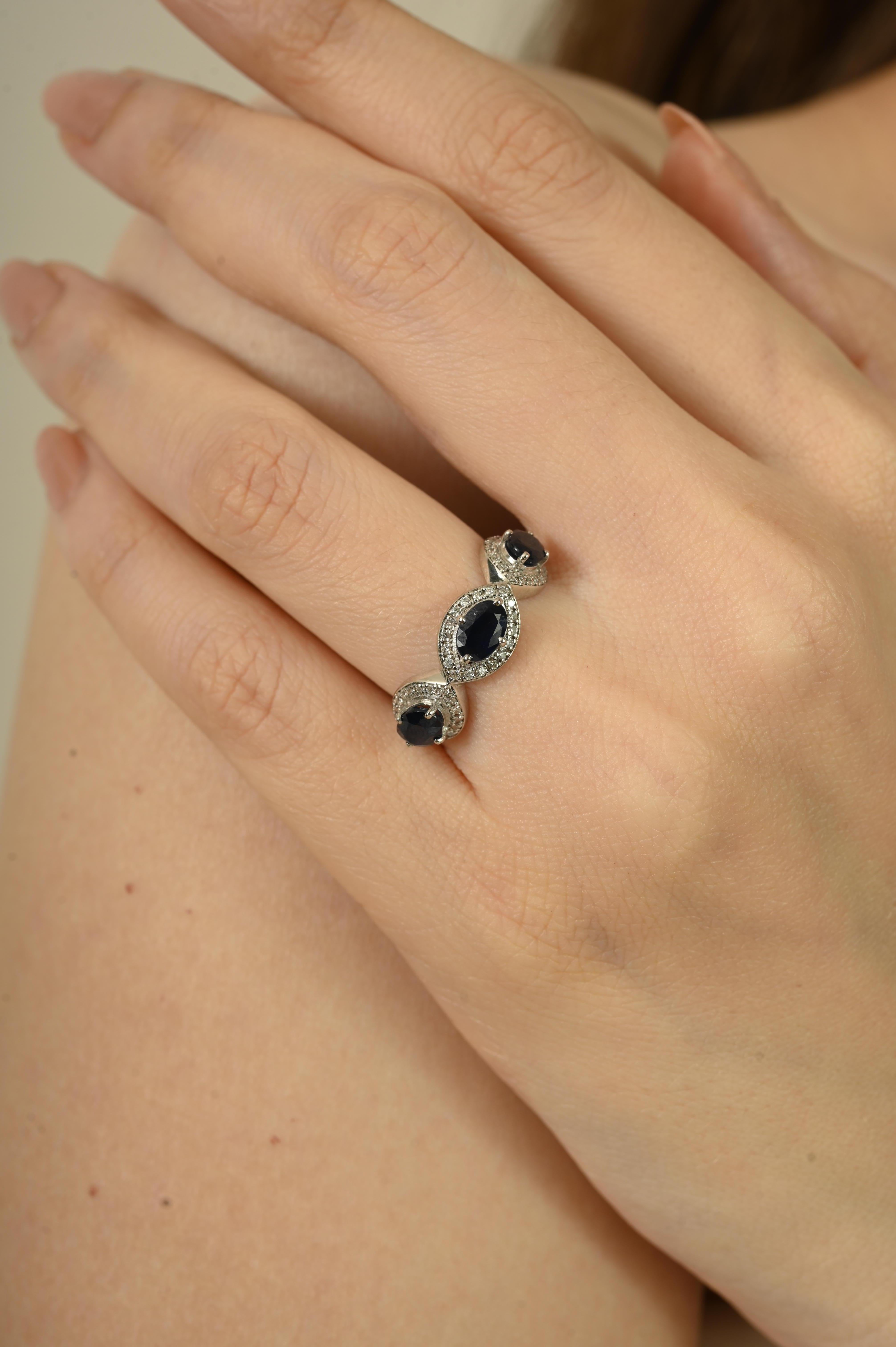 For Sale:  1.9Ct Blue Sapphire & Diamond Three Stone Ring in 14K White Gold Christmas Gift 4