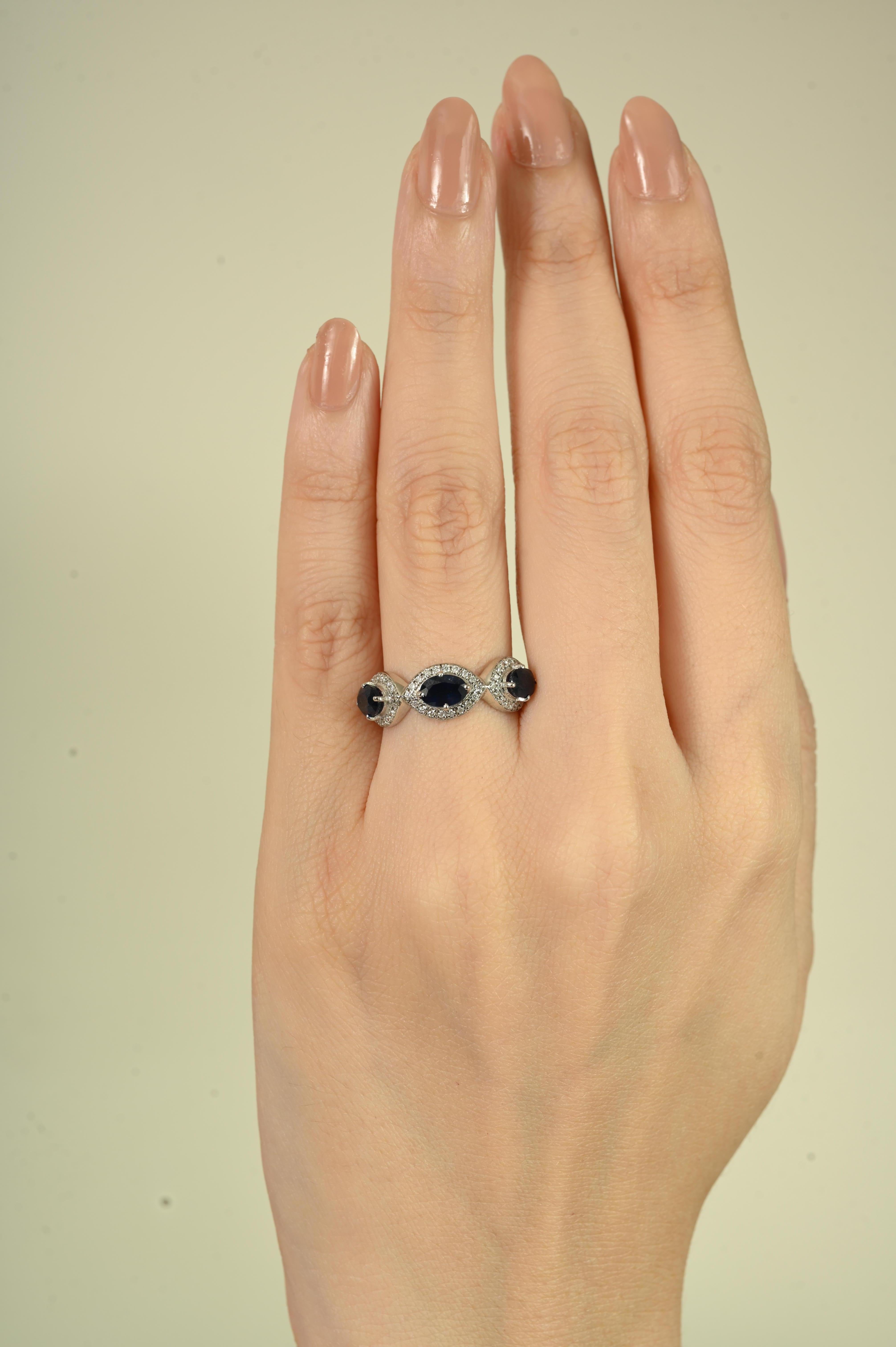 For Sale:  1.9Ct Blue Sapphire & Diamond Three Stone Ring in 14K White Gold Christmas Gift 6