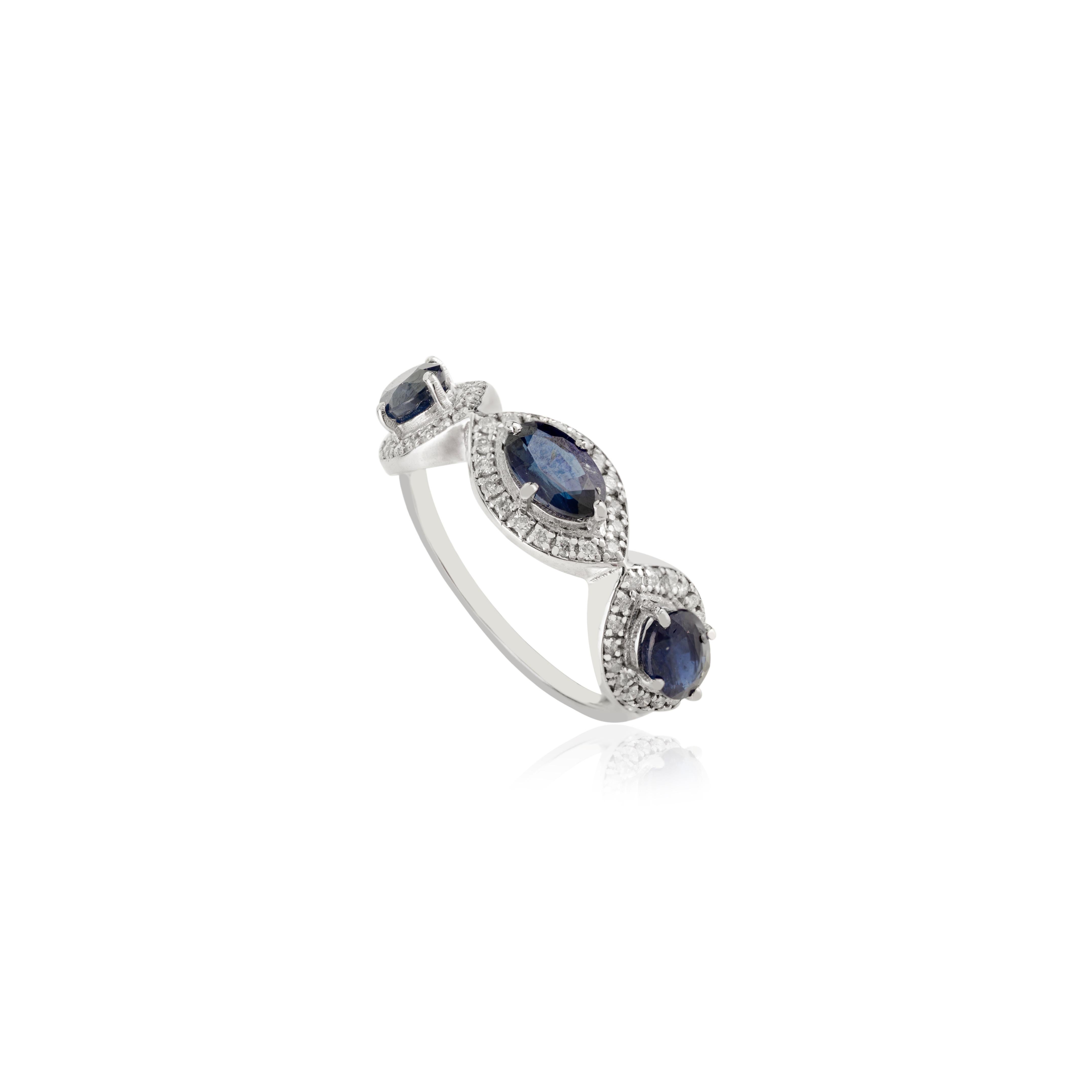 For Sale:  1.9Ct Blue Sapphire & Diamond Three Stone Ring in 14K White Gold Christmas Gift 7