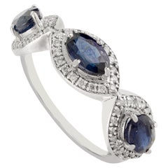 1.9Ct Blue Sapphire & Diamond Three Stone Ring in 14K White Gold Christmas Gift