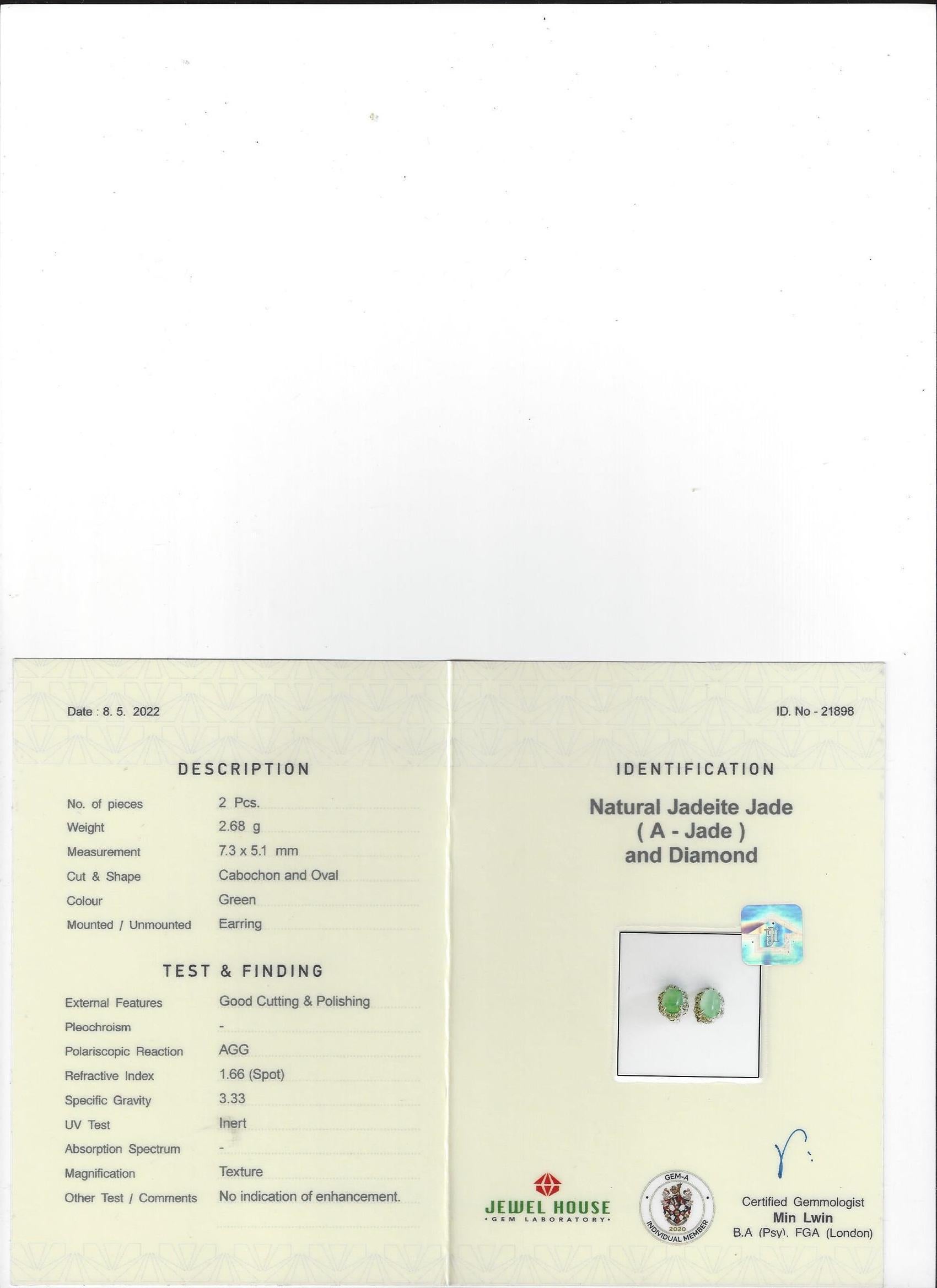1.9 Karat Hellgrüner Ohrstecker Typ A Jadeit und natürlicher Diamant 1