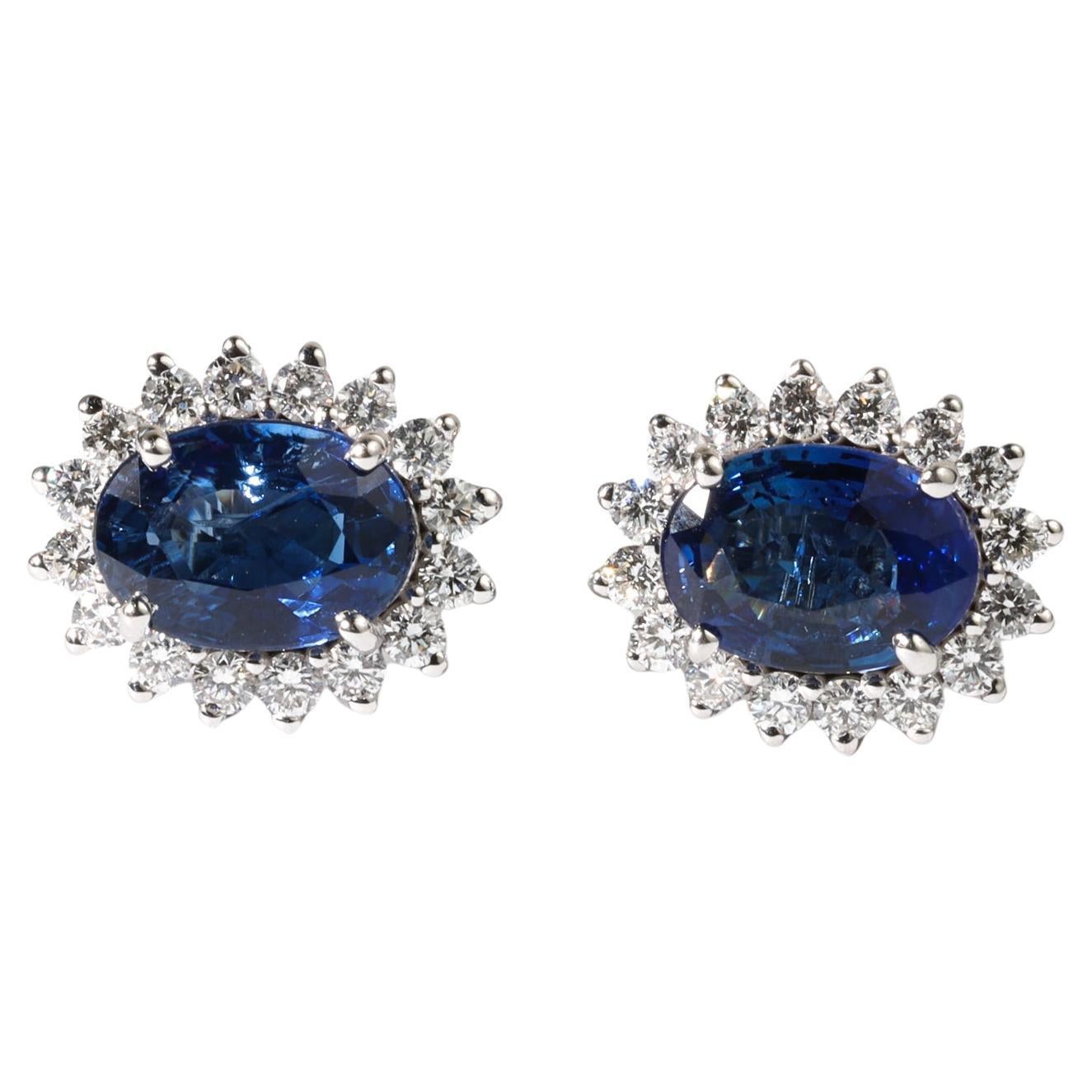 Orecchini con zaffiro blu ovale naturale da 1,9 carati e diamanti a raggiera in oro bianco 18 carati in vendita