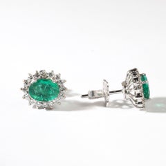 1.9ct Natural Oval-Cut Emerald & Diamond Halo Stud Earrings in 18K White Gold