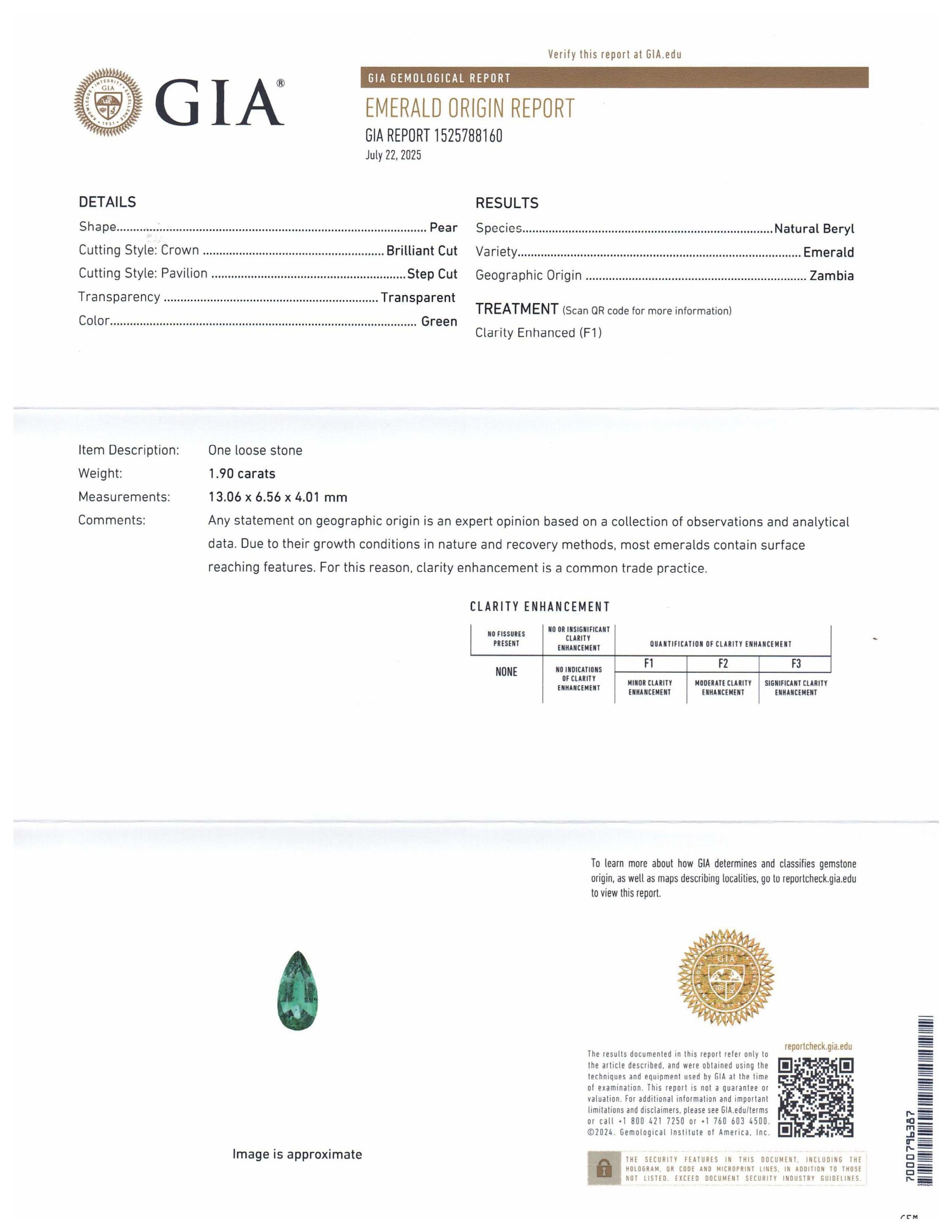 This is a stunning GIA Certified Emerald 


The GIA report reads as follows:

GIA Report Number: 1525788160
Shape: Pear
Cutting Style: 
Cutting Style: Crown: Brilliant Cut
Cutting Style: Pavilion: Step Cut
Transparency: Transparent
Colour: