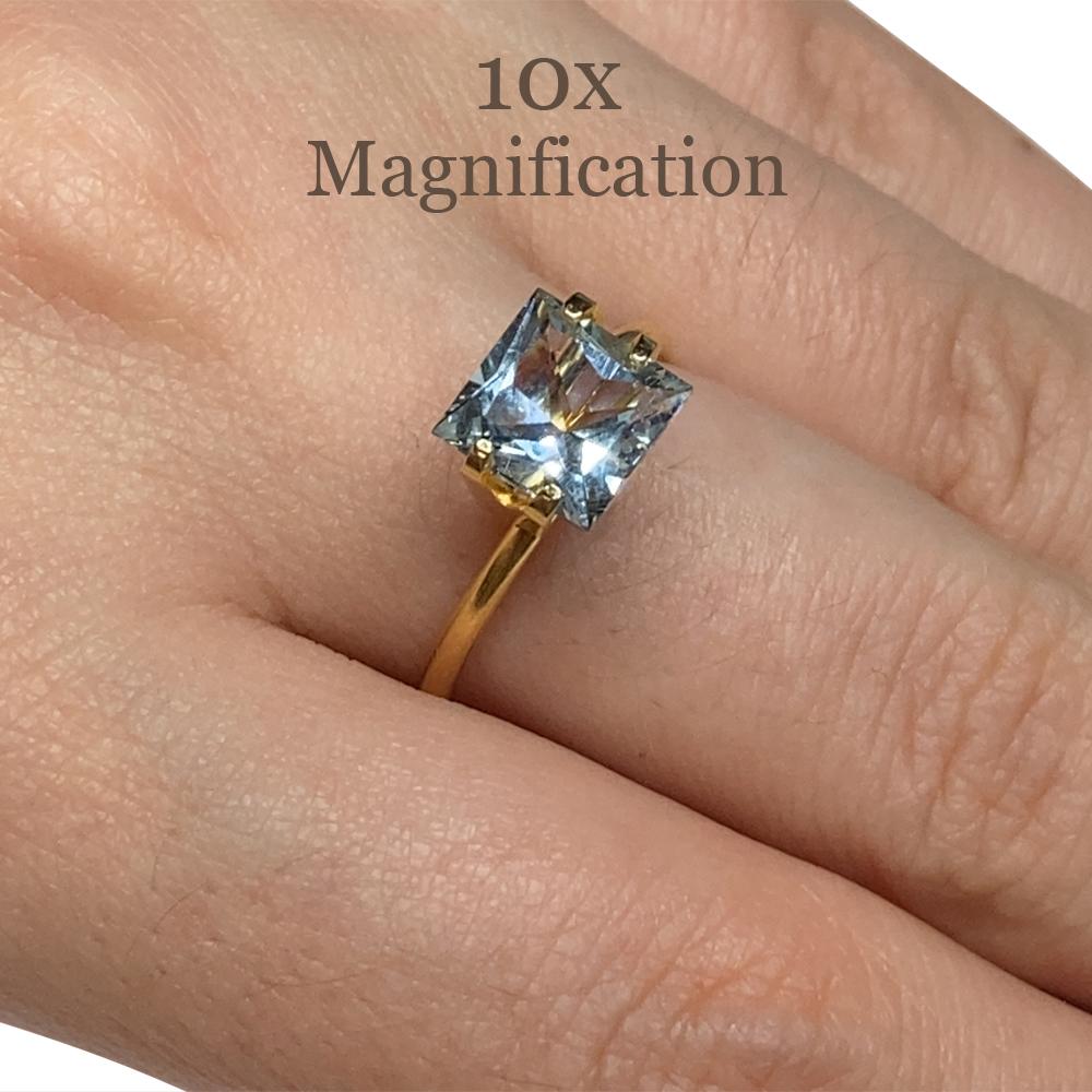 Description:

Gem Type: Aquamarine
Number of Stones: 1
Weight: 1.9 cts
Measurements: 7.57 x 7.57 x 5.08 mm
Shape: Square
Cutting Style Crown: Brilliant Cut
Cutting Style Pavilion: Mixed Cut
Transparency: Transparent
Clarity: Very Slightly Included: