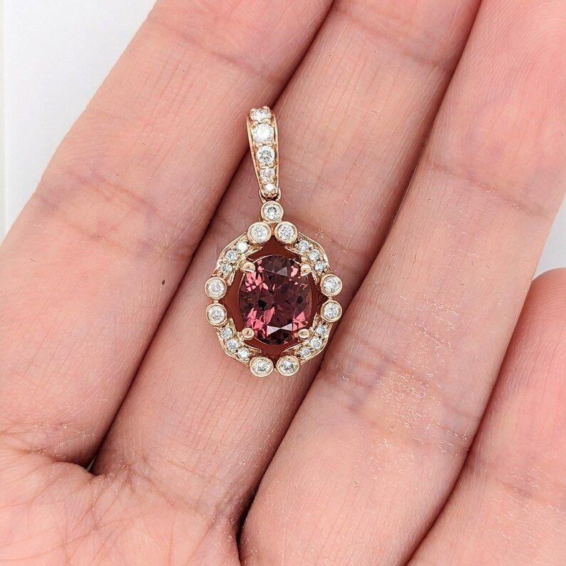 Modernist 1.9ct Tourmaline Pendant with Diamond Accents in Solid 14K Rose Gold Oval 9x7mm For Sale